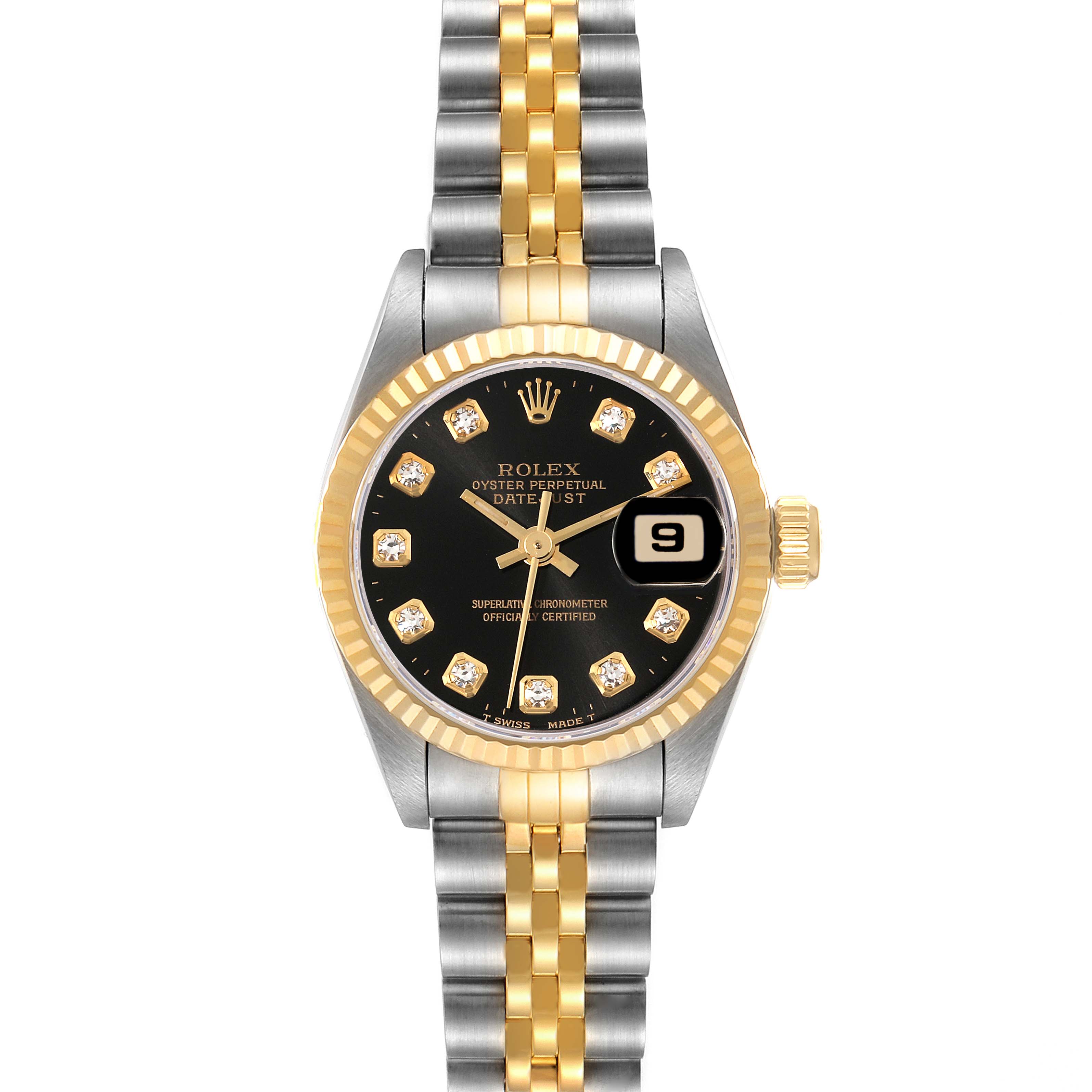 The image shows a front view of a Rolex Datejust 69173 Women's Steel and Gold (two tone) Black Dial 69173 Women's Steel and Gold (two tone) Black Dial watch, featuring a black dial, diamond hour markers, and a two-tone bracelet.