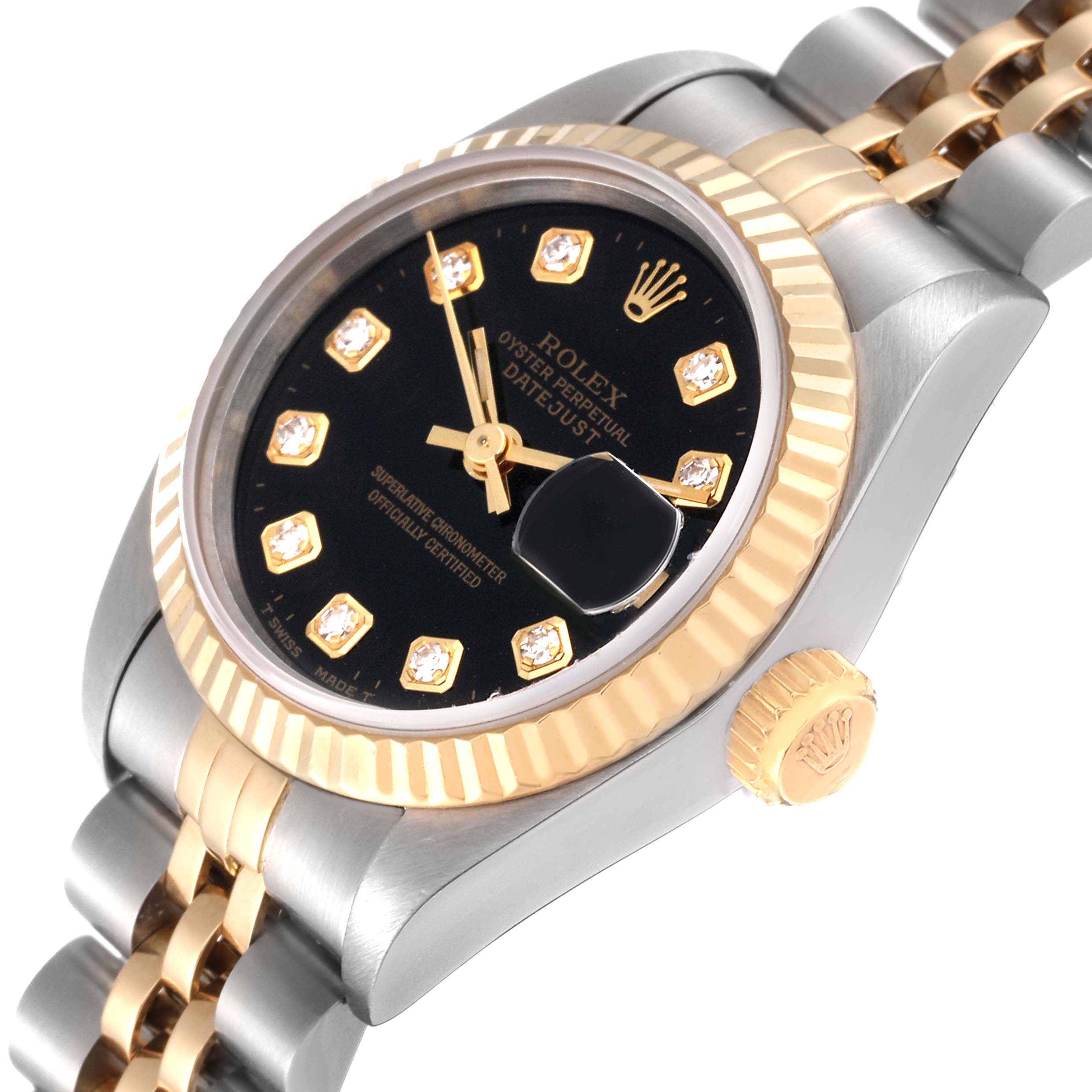 This image shows a Rolex Datejust 69173 Women's Steel and Gold (two tone) Black Dial 69173 Women's Steel and Gold (two tone) Black Dial watch angled to highlight the dial, bezel, crown, and part of the bracelet.