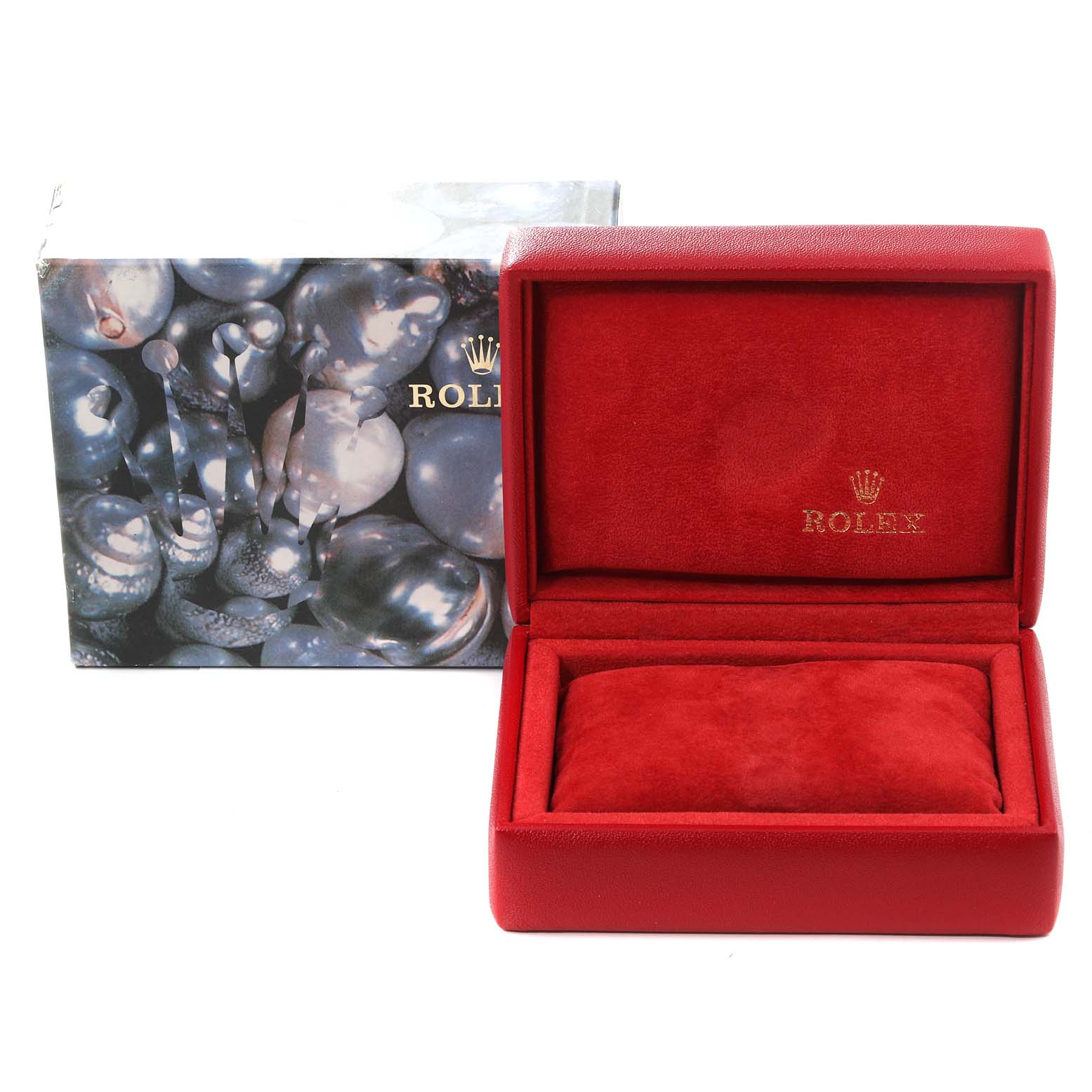 This image shows an open Rolex Datejust 69173 Women's Steel and Gold (two tone) Black Dial 69173 Women's Steel and Gold (two tone) Black Dial watch box and its outer packaging from a front angle.