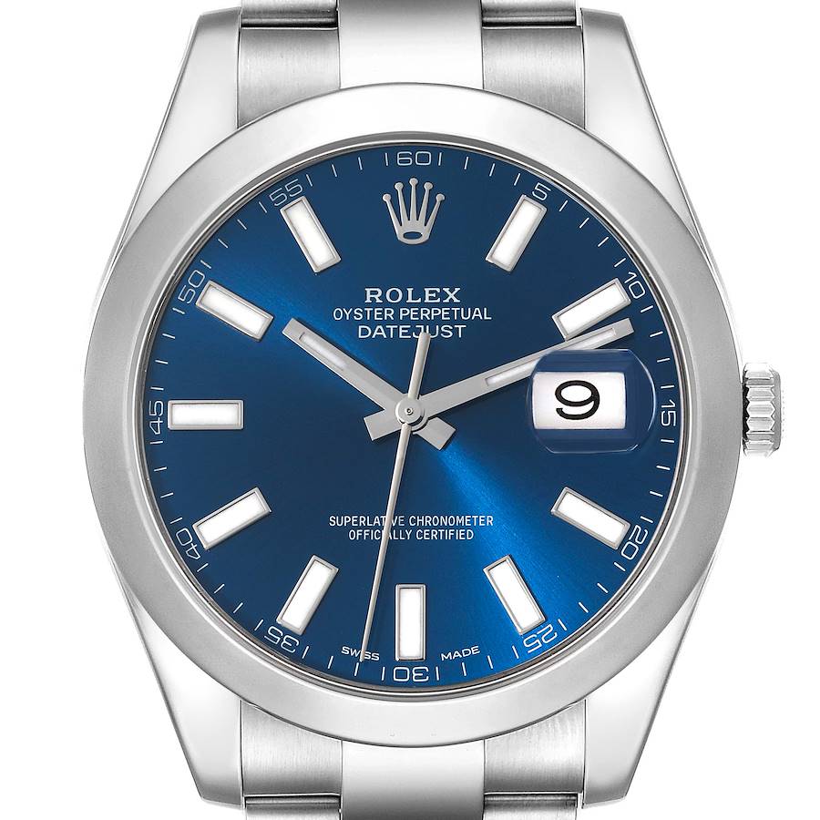 Rolex Datejust II 41 Blue Baton Dial Oyster Bracelet Steel Mens Watch 116300 SwissWatchExpo