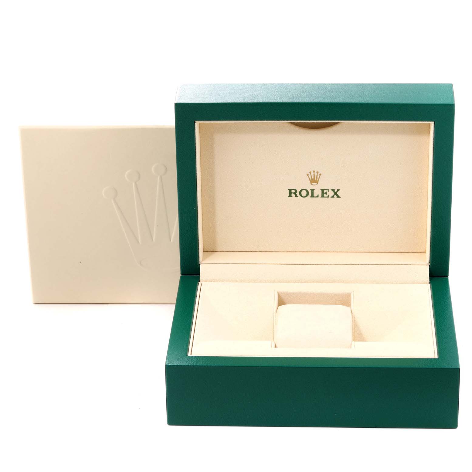 The image shows an open green Rolex box for the Datejust 41 model, with a beige interior.