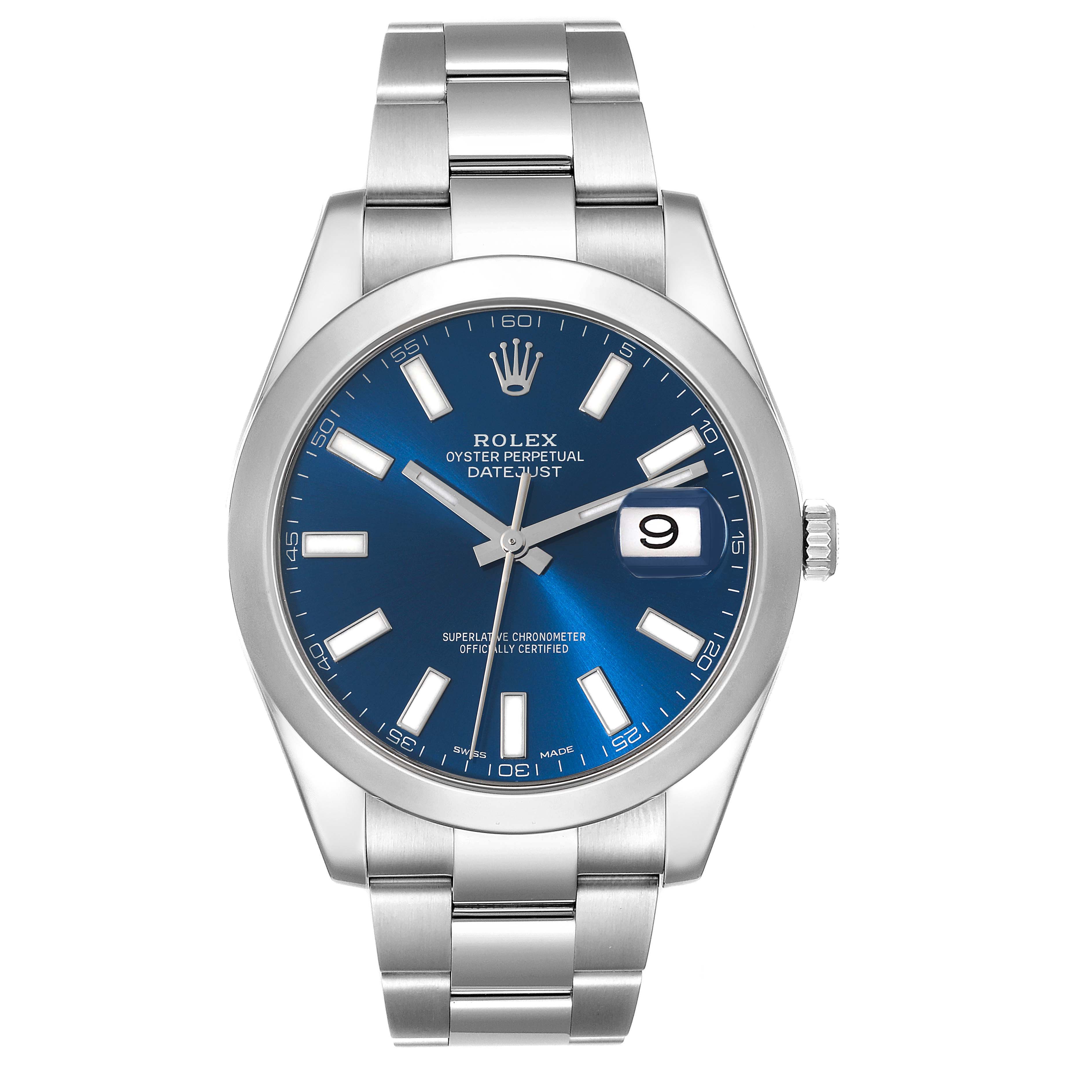 This image shows a front view of the Rolex Datejust 41 116300 Men's Stainless Steel Blue Dial 116300 Men's Stainless Steel Blue Dial watch, highlighting the dial, bezel, bracelet, and crown.