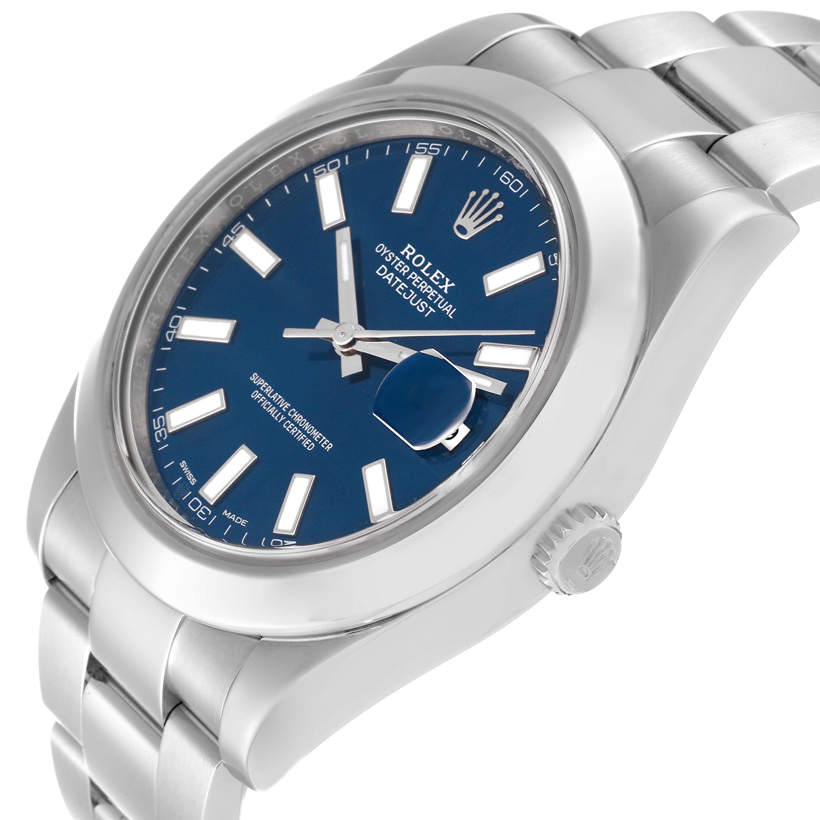 The image shows a side-angle view of a Rolex Datejust 41 116300 Men's Stainless Steel Blue Dial 116300 Men's Stainless Steel Blue Dial watch, highlighting its blue dial, crown, and bracelet.