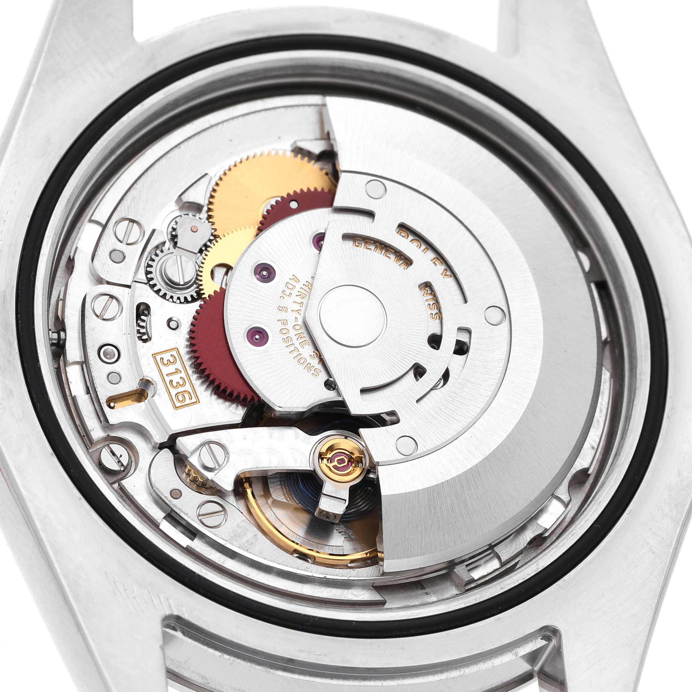 The image shows the Rolex Datejust 41 116334 Men's Stainless Steel Black Dial’s movement mechanism from the back, revealing gears, balance wheel, and rotor.