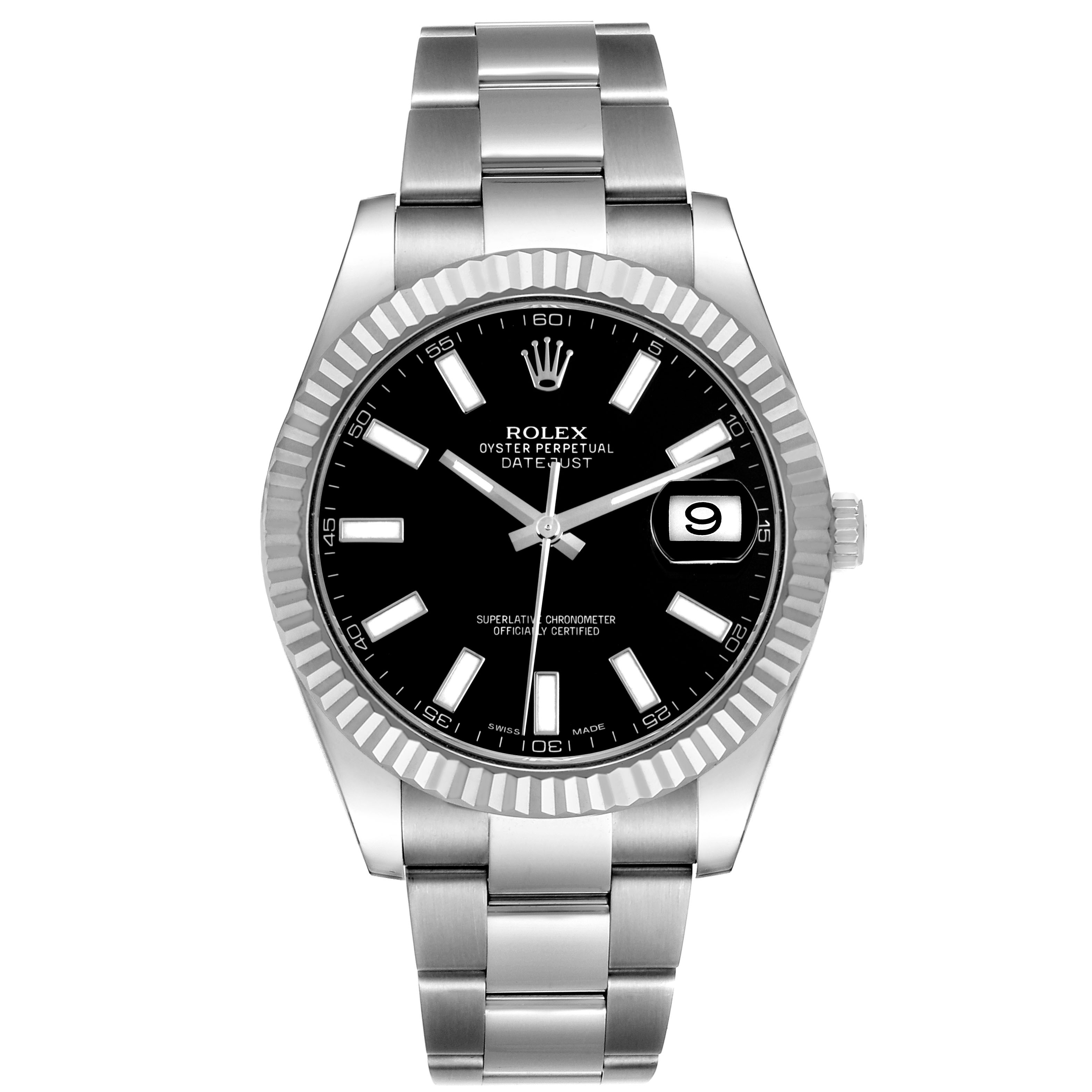 The Rolex Datejust 41 116334 Men's Stainless Steel Black Dial is shown from the front, displaying the dial, fluted bezel, bracelet, and date window.