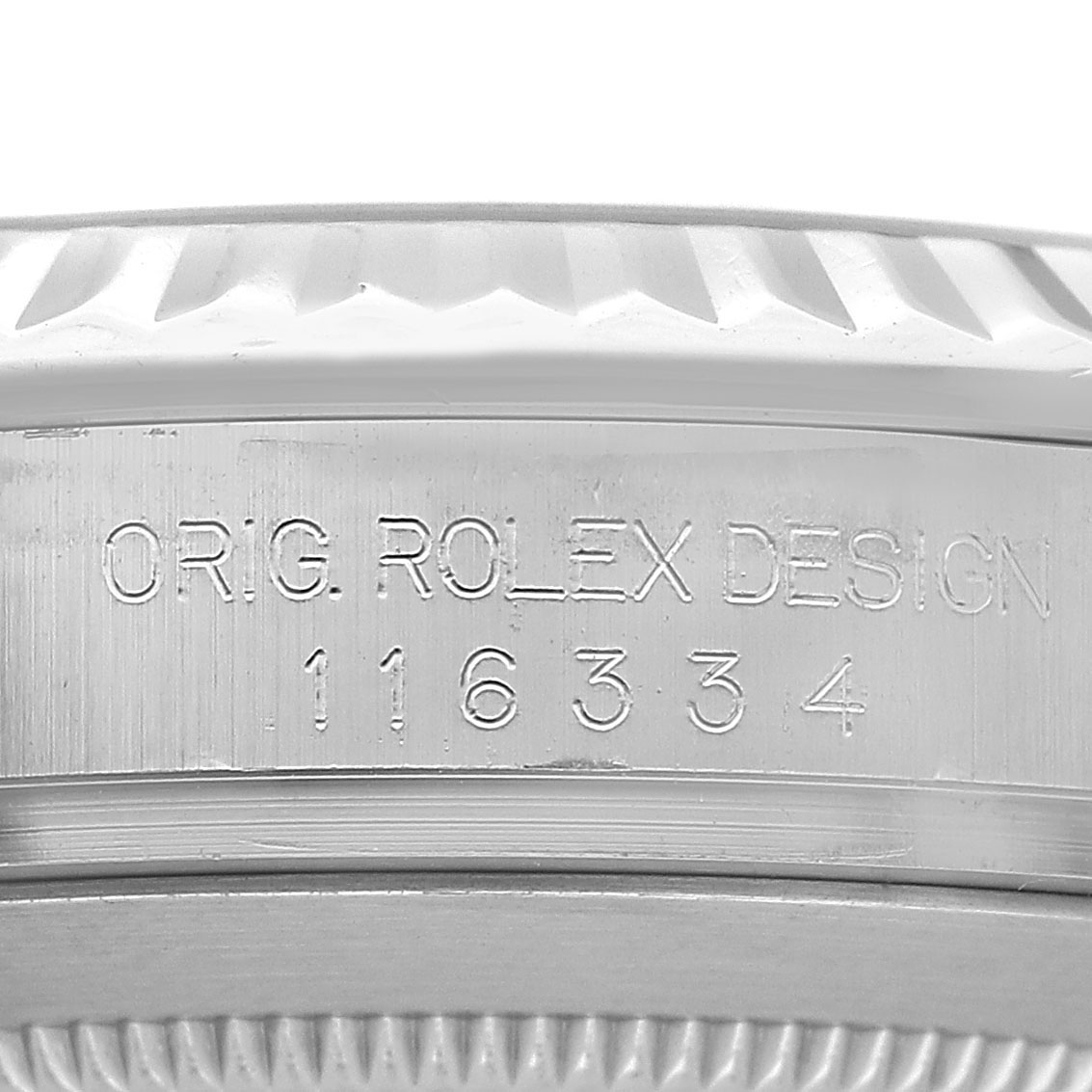 The image shows the engraved side of the Rolex Datejust 41 116334 Men's Stainless Steel Black Dial, highlighting the model number.