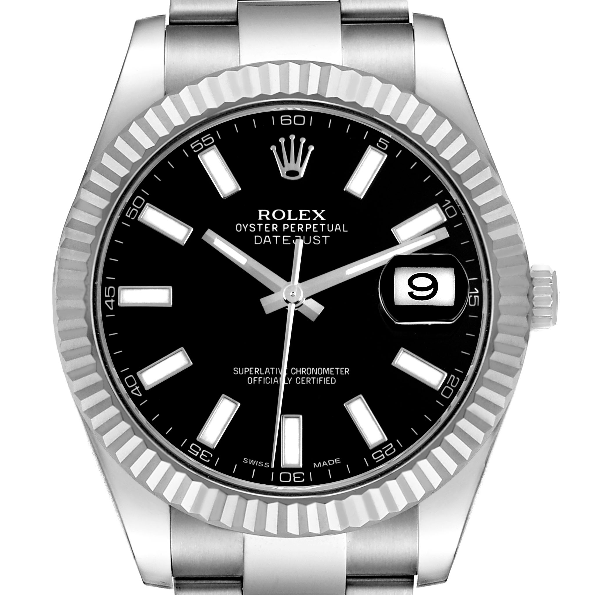 The Rolex Datejust 41 116334 Men's Stainless Steel Black Dial is shown from a top view, highlighting the black dial, fluted bezel, and date window.