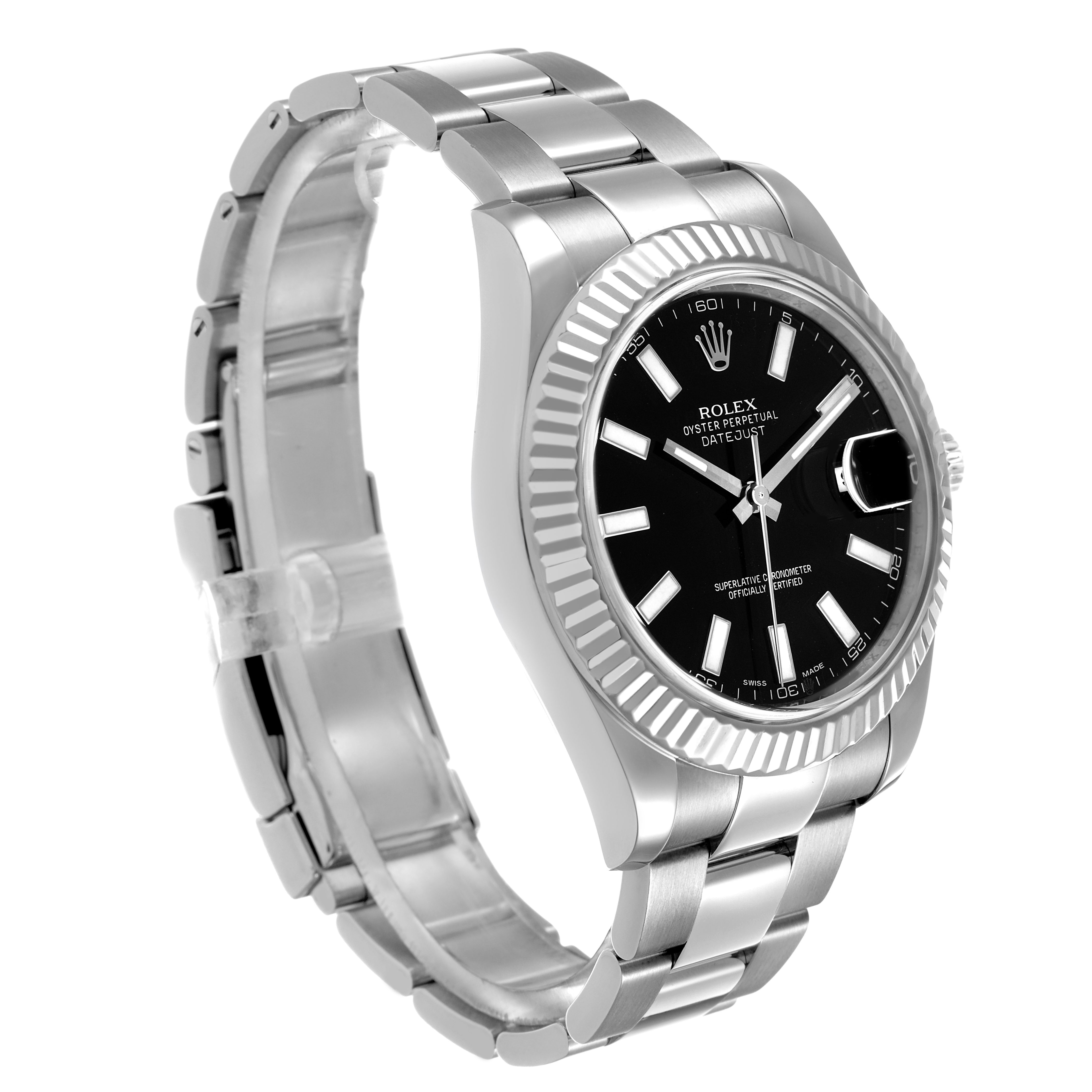 The Rolex Datejust 41 116334 Men's Stainless Steel Black Dial watch is shown at a three-quarter angle, highlighting the dial, bezel, and bracelet.