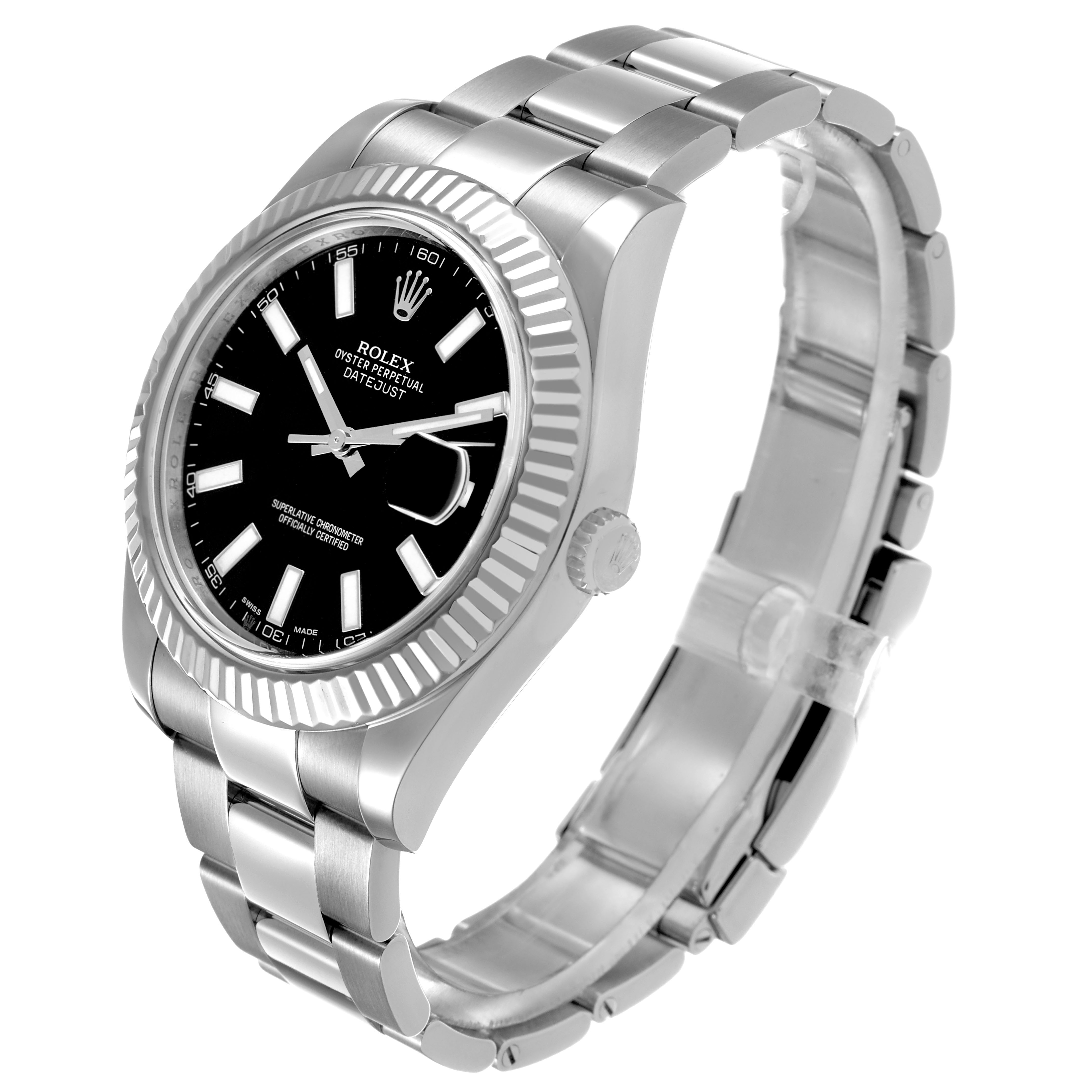 The Rolex Datejust 41 116334 Men's Stainless Steel Black Dial is shown at a three-quarter angle, highlighting the dial, bezel, crown, and bracelet.