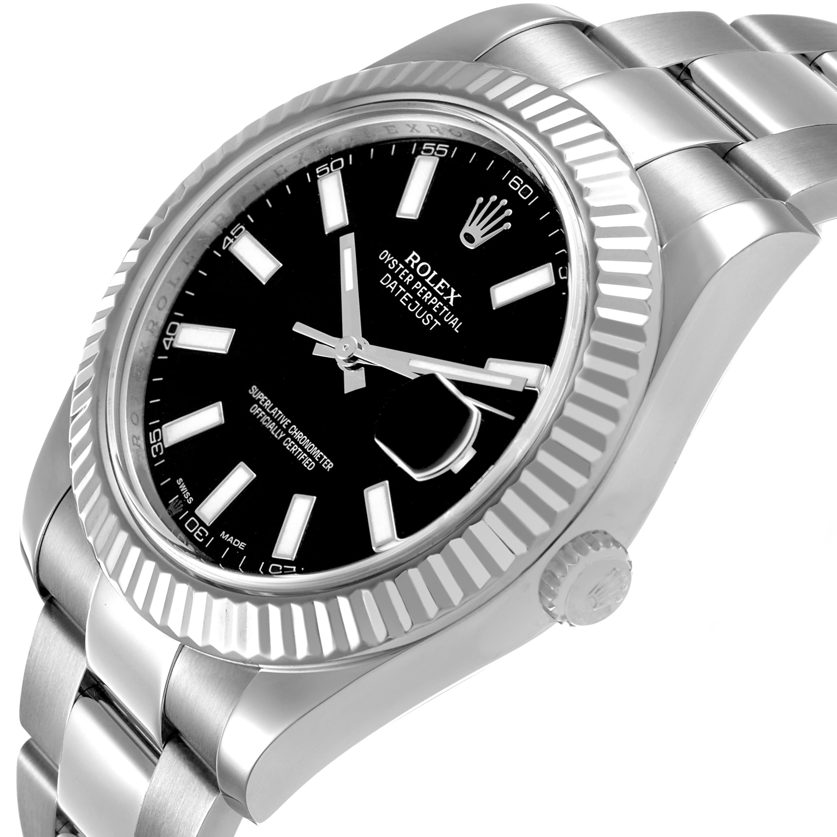 The Rolex Datejust 41 116334 Men's Stainless Steel Black Dial is shown at an angled side view, displaying the dial, fluted bezel, crown, and part of the bracelet.
