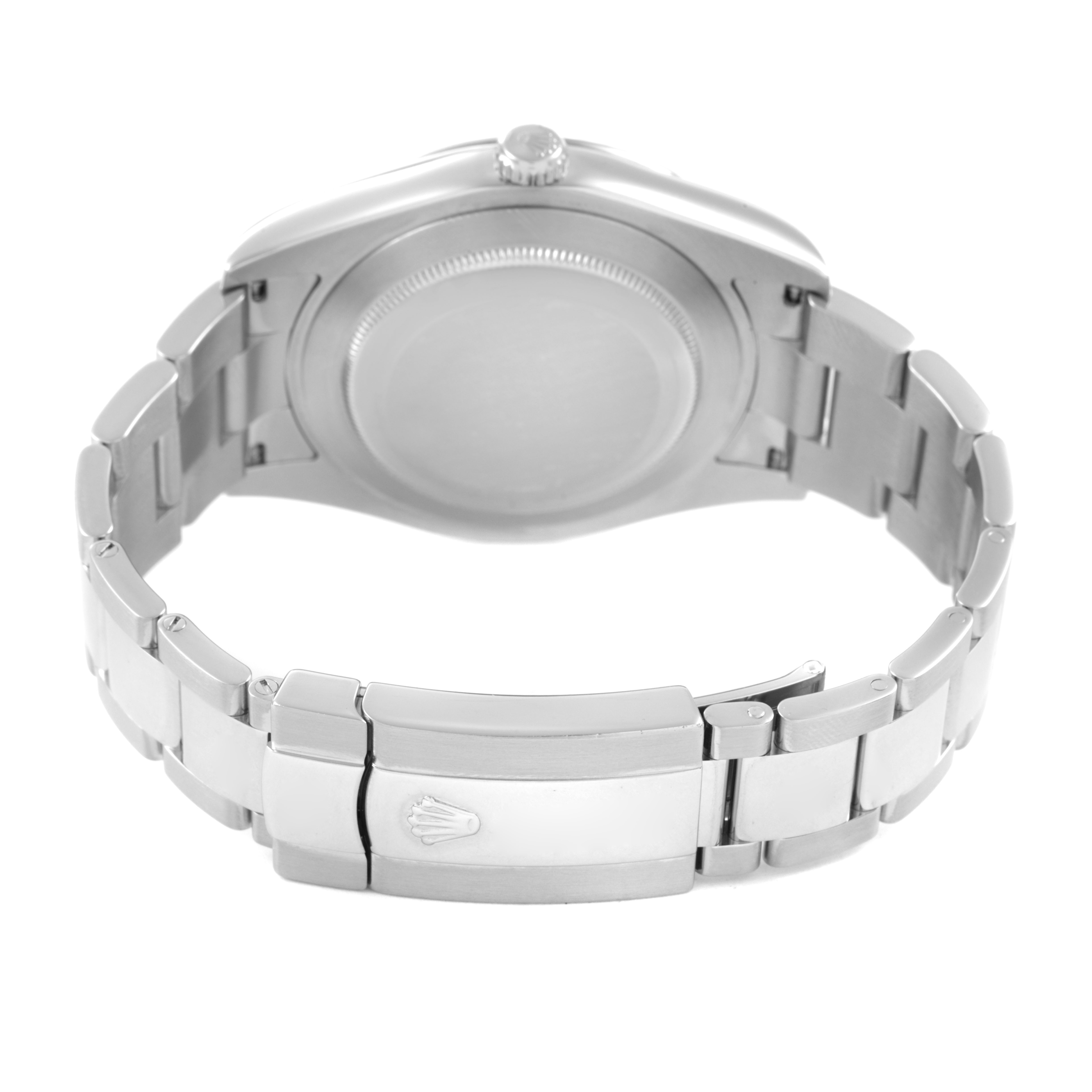 The Rolex Datejust 41 116334 Men's Stainless Steel Black Dial is shown from the back, highlighting the case back, bracelet, and clasp.