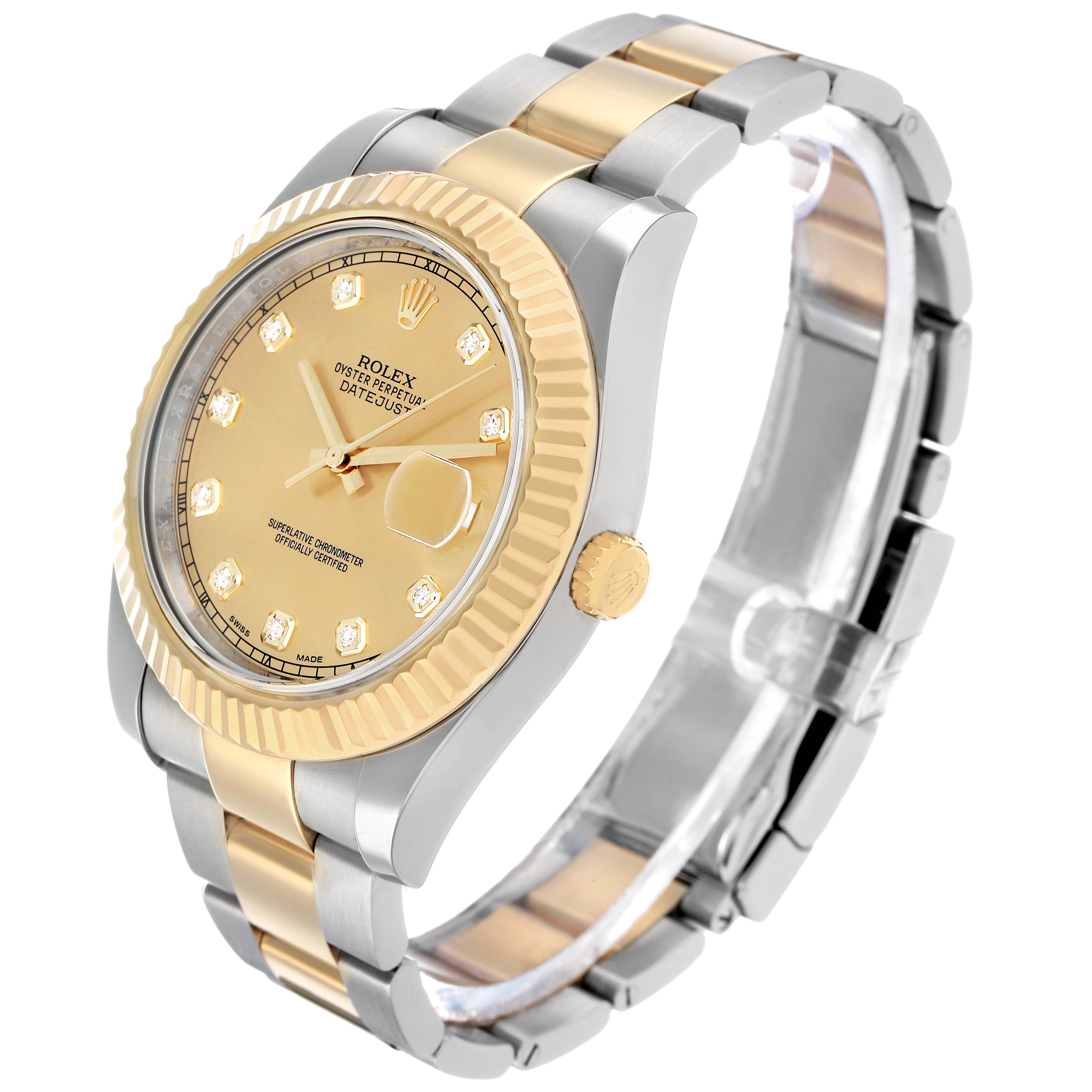 The Rolex Datejust 41 116333 Men's Steel and Gold (two tone) Champagne Dial watch is shown at a three-quarter angle, highlighting the dial, bezel, crown, and two-tone bracelet.