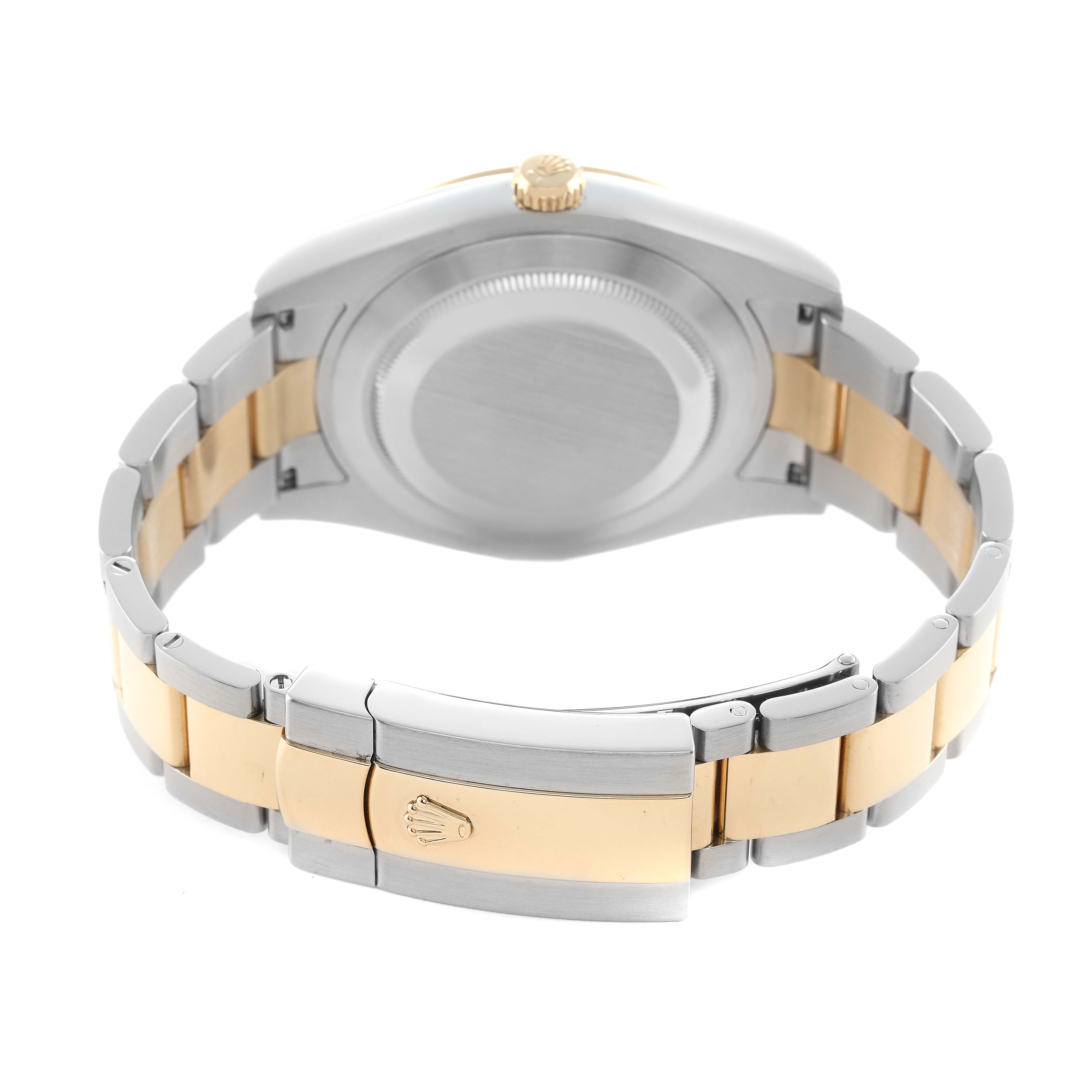 The image shows the back of a Rolex Datejust 41 116333 Men's Steel and Gold (two tone) Champagne Dial watch, focusing on the two-tone bracelet and clasp.