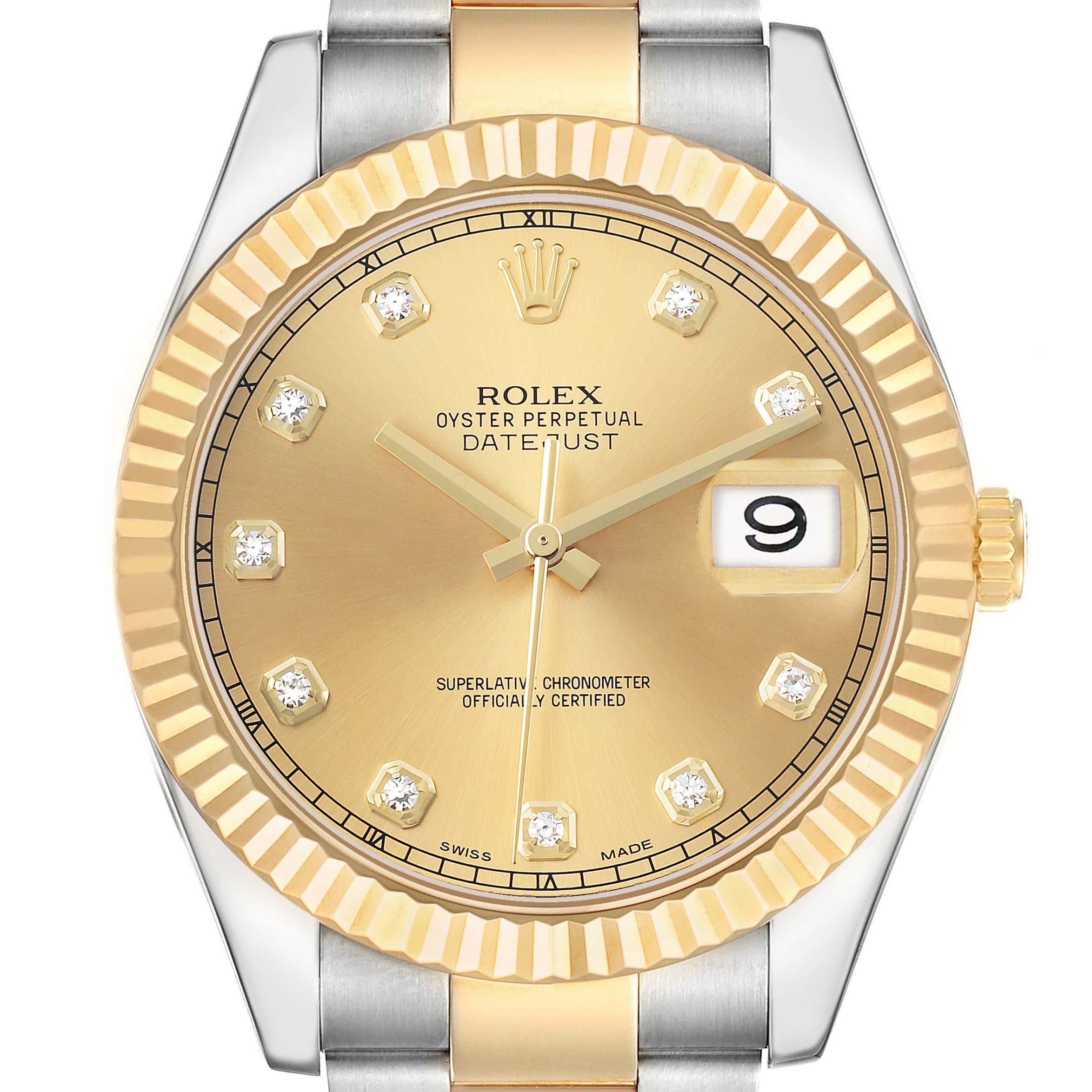 The Rolex Datejust 41 116333 Men's Steel and Gold (two tone) Champagne Dial is shown from the front, highlighting the gold dial, fluted bezel, date window, and part of the two-tone bracelet.