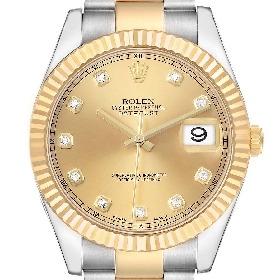 The Rolex Datejust 41 116333 Men's Steel and Gold (two tone) Champagne Dial is shown from the front, highlighting the gold dial, fluted bezel, date window, and part of the two-tone bracelet.