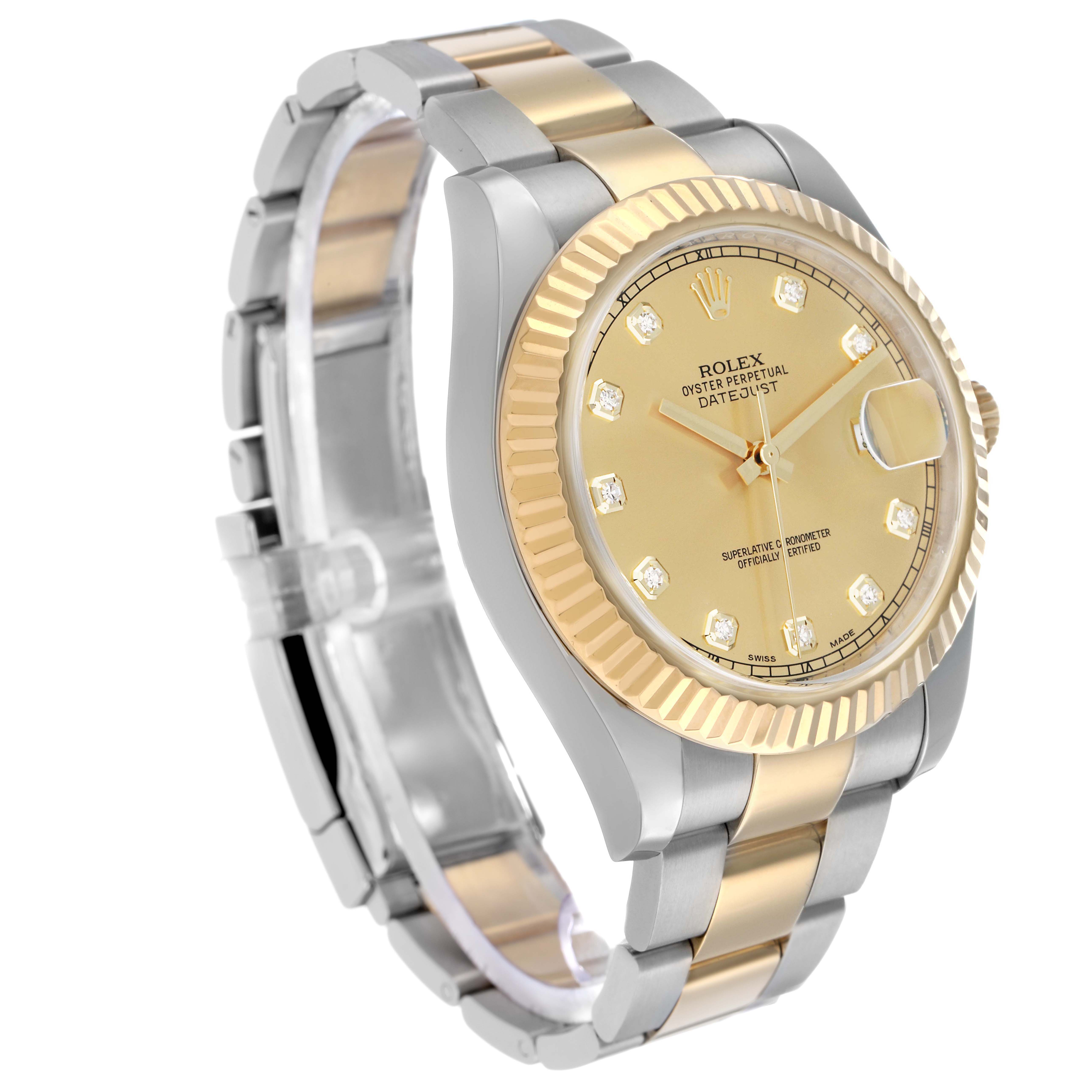 The Rolex Datejust 41 116333 Men's Steel and Gold (two tone) Champagne Dial is shown at a three-quarter angle, highlighting the gold and silver bracelet, fluted bezel, and champagne dial.