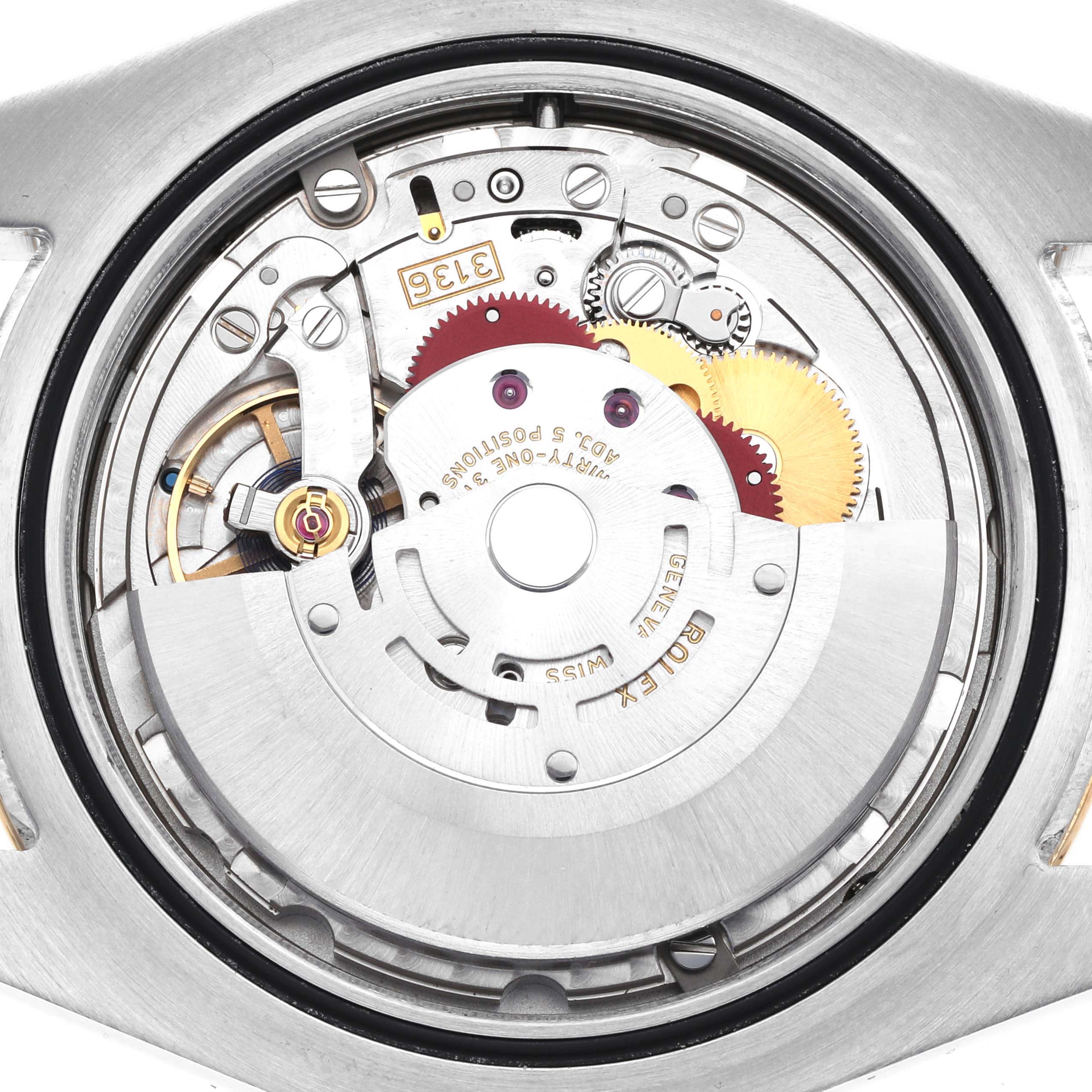 The image shows the back view of a Rolex Datejust 41 116333 Men's Steel and Gold (two tone) Champagne Dial, revealing its intricate movement and internal components.