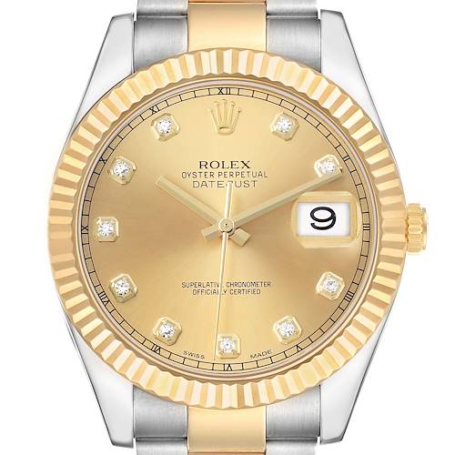 The Rolex Datejust 41 116333 Men's Steel and Gold (two tone) Champagne Dial watch is shown from a front angle, highlighting the gold dial, fluted bezel, and diamond hour markers.
