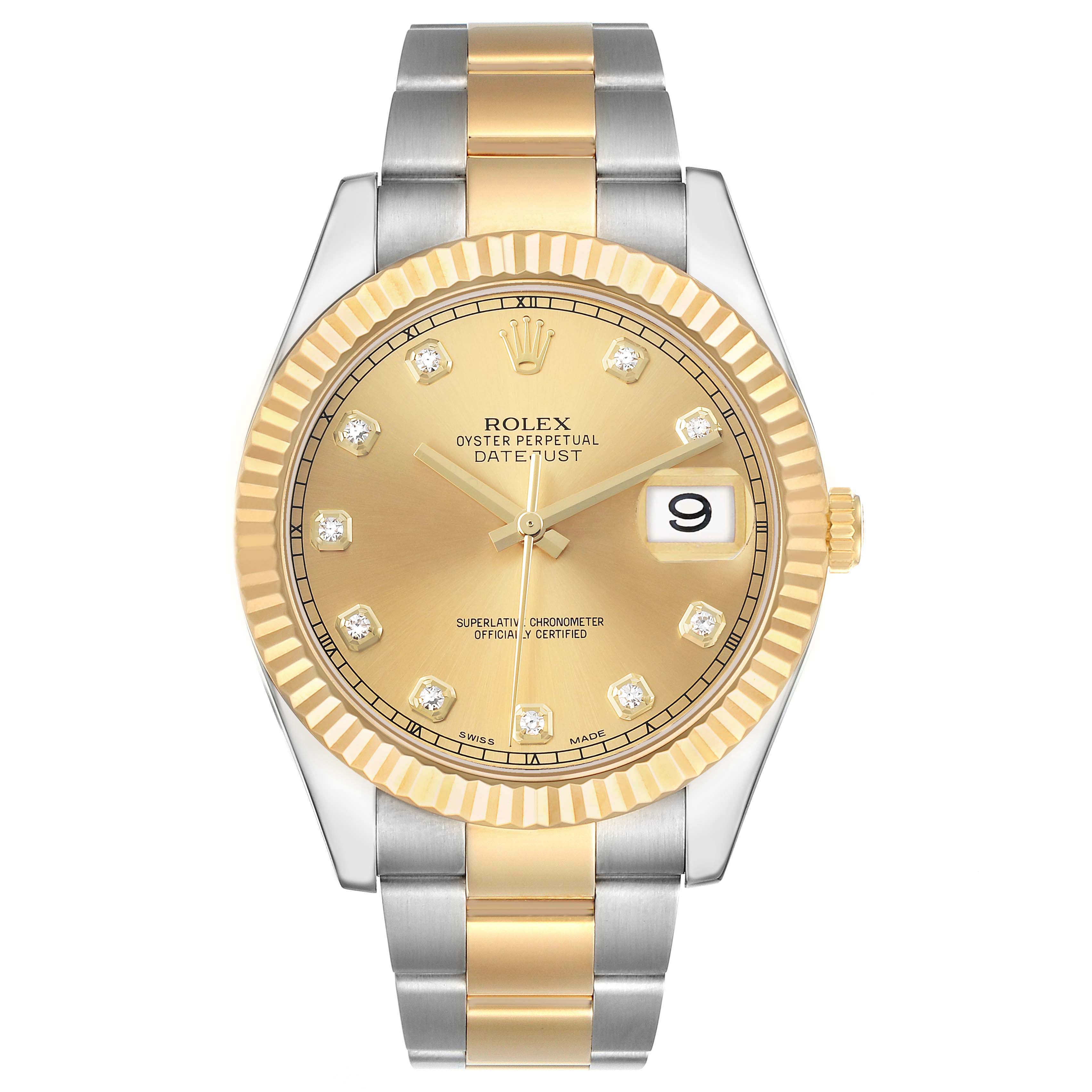 The Rolex Datejust 41 116333 Men's Steel and Gold (two tone) Champagne Dial watch is shown from the front, highlighting the dial, fluted bezel, and two-tone bracelet.