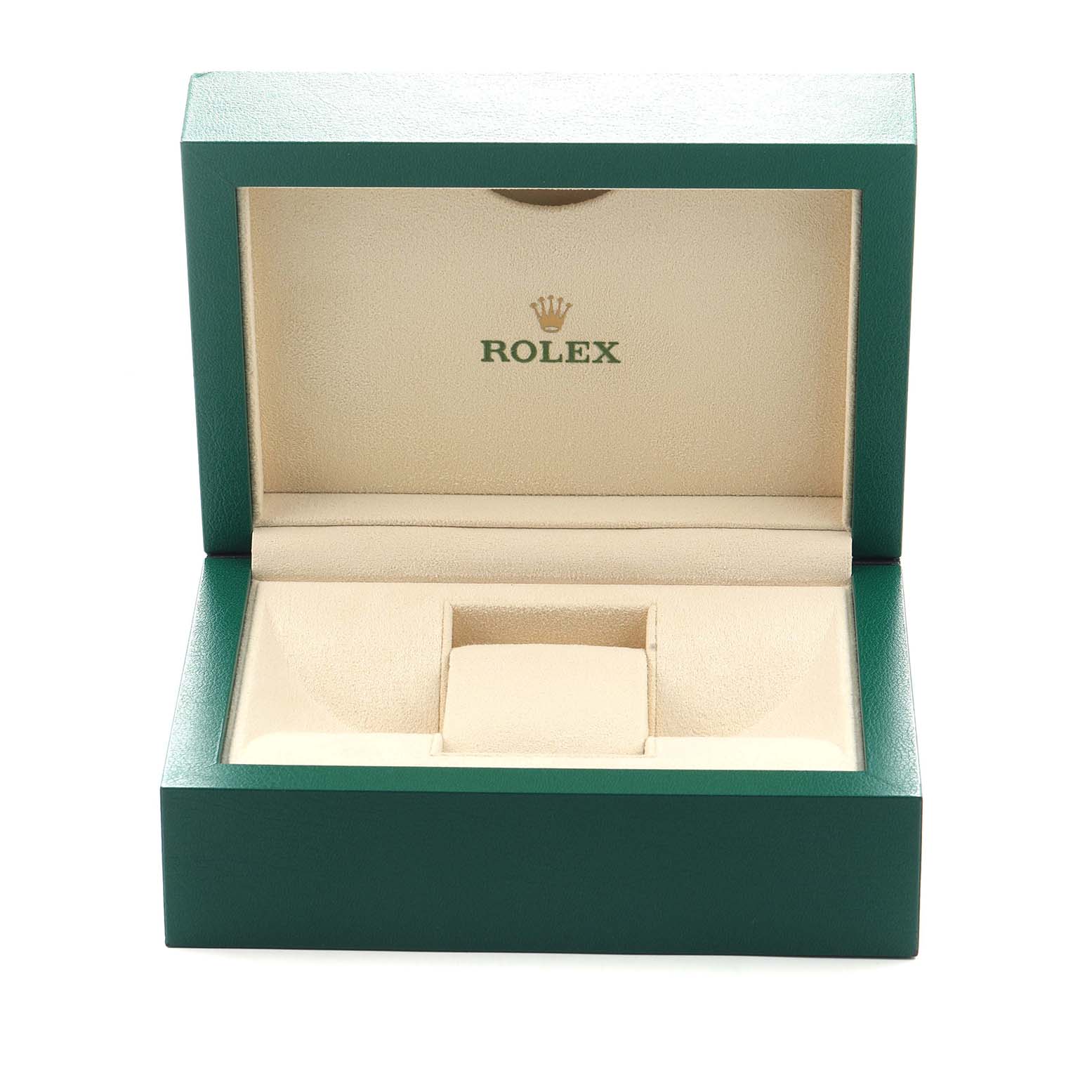 The image shows an open green and beige Rolex Datejust 41 116333 Men's Steel and Gold (two tone) Champagne Dial watch box from a frontal angle.