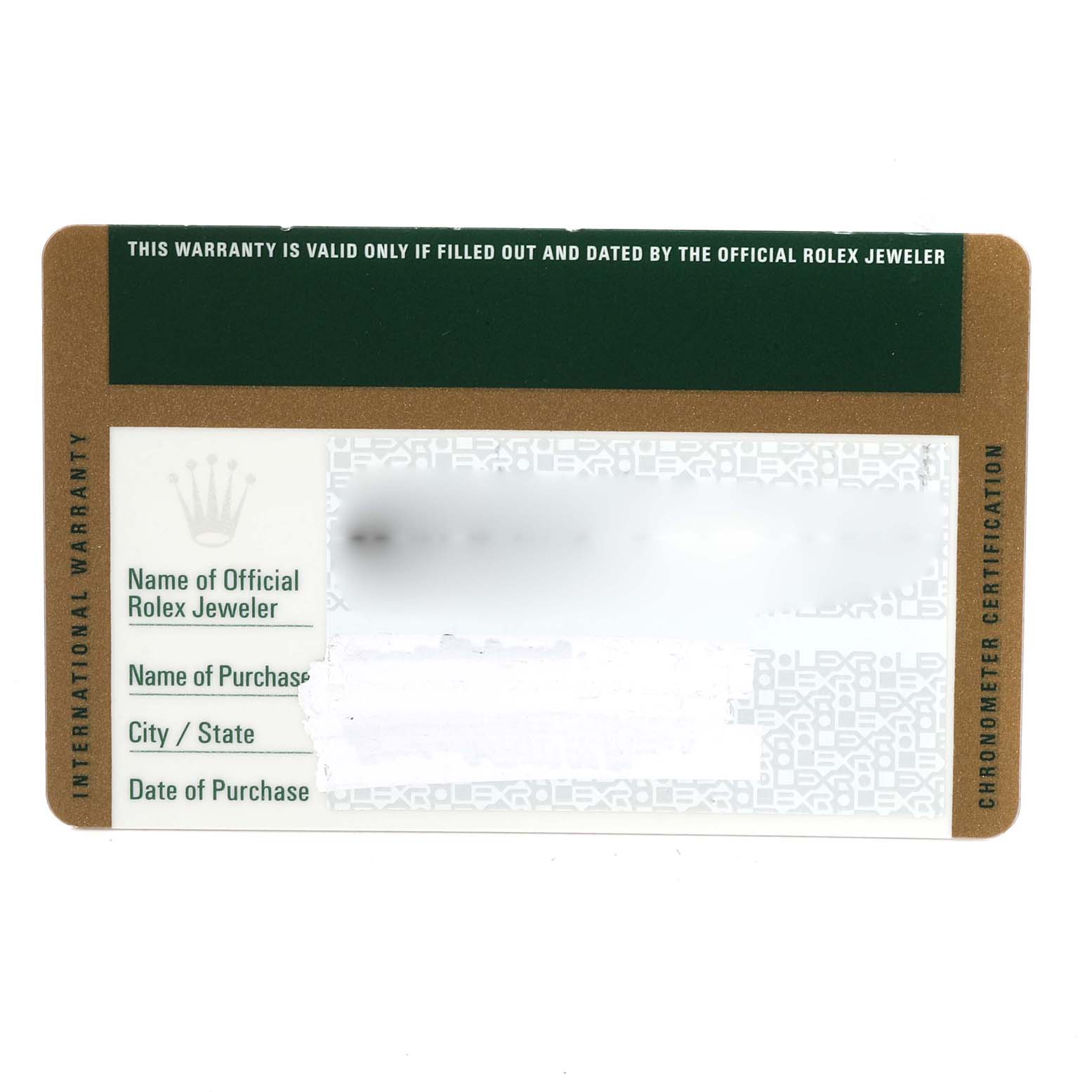 The image shows an International Warranty card for a Rolex Mid-Size 178384 Women
s Stainless Steel Black Dial 178384 Women
s Stainless Steel Black Dial model, with sections for the jeweler’s and purchaser’s details.