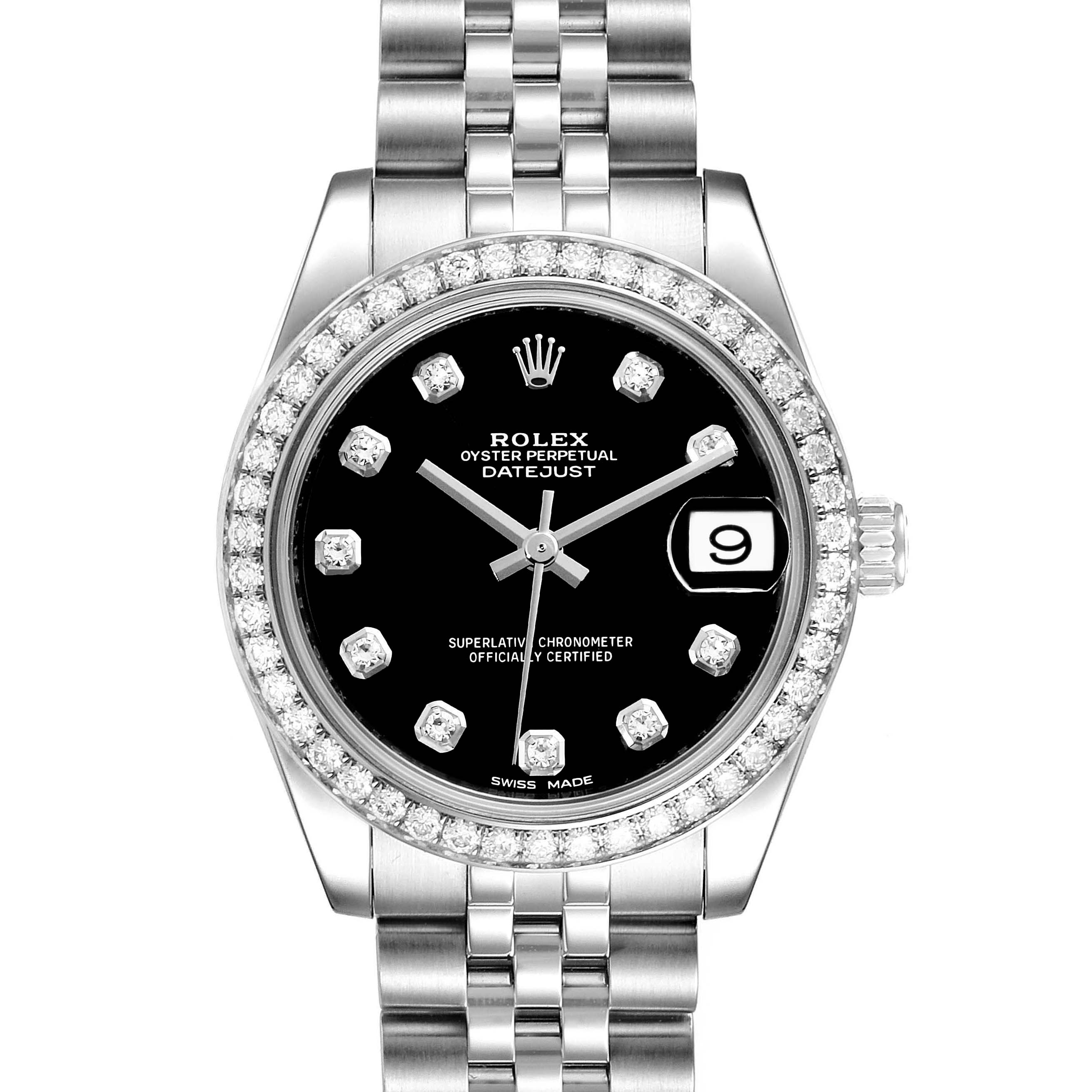 This image shows a frontal view of the Rolex Mid-Size 178384 Women
s Stainless Steel Black Dial 178384 Women
s Stainless Steel Black Dial Datejust watch, highlighting its diamond-studded bezel and black dial.