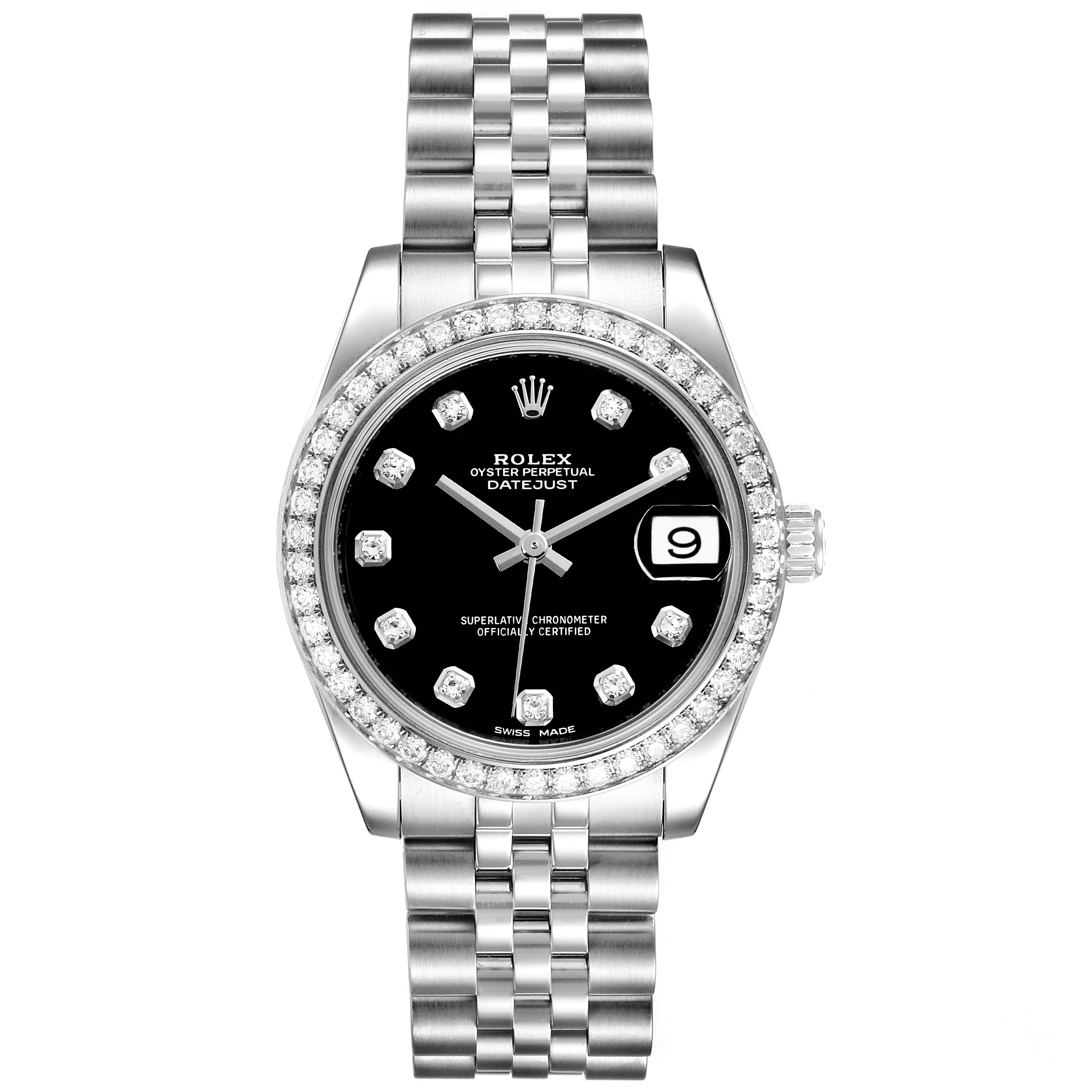 This image shows a front view of a Rolex Mid-Size 178384 Women
s Stainless Steel Black Dial 178384 Women
s Stainless Steel Black Dial Datejust watch, displaying the dial, bezel, and bracelet.