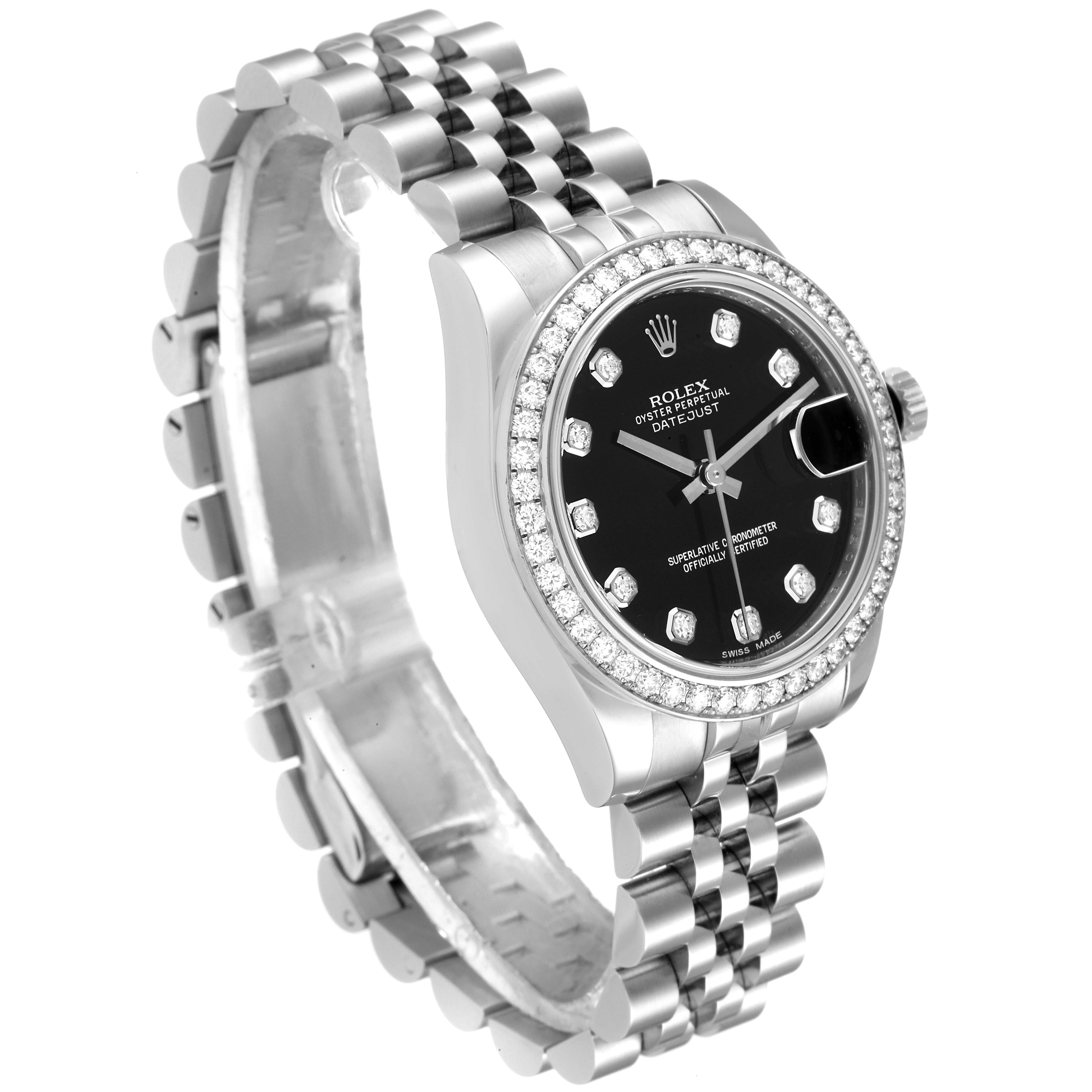 The Rolex Mid-Size 178384 Women
s Stainless Steel Black Dial 178384 Women
s Stainless Steel Black Dial model watch is shown at a slightly angled side view, displaying the face, bezel, and bracelet.