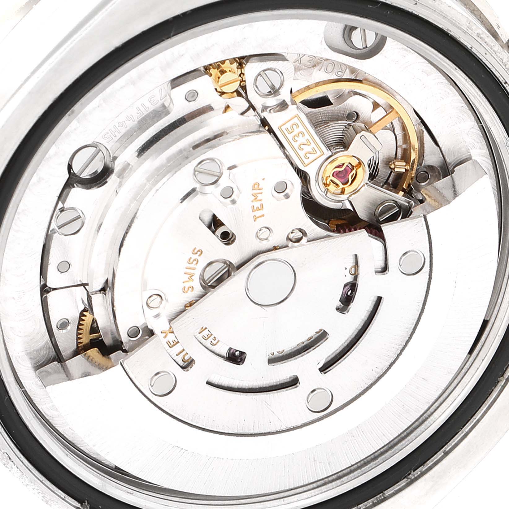 This close-up image shows the internal mechanical movement of a Rolex Mid-Size 178384 Women
s Stainless Steel Black Dial 178384 Women
s Stainless Steel Black Dial model watch.