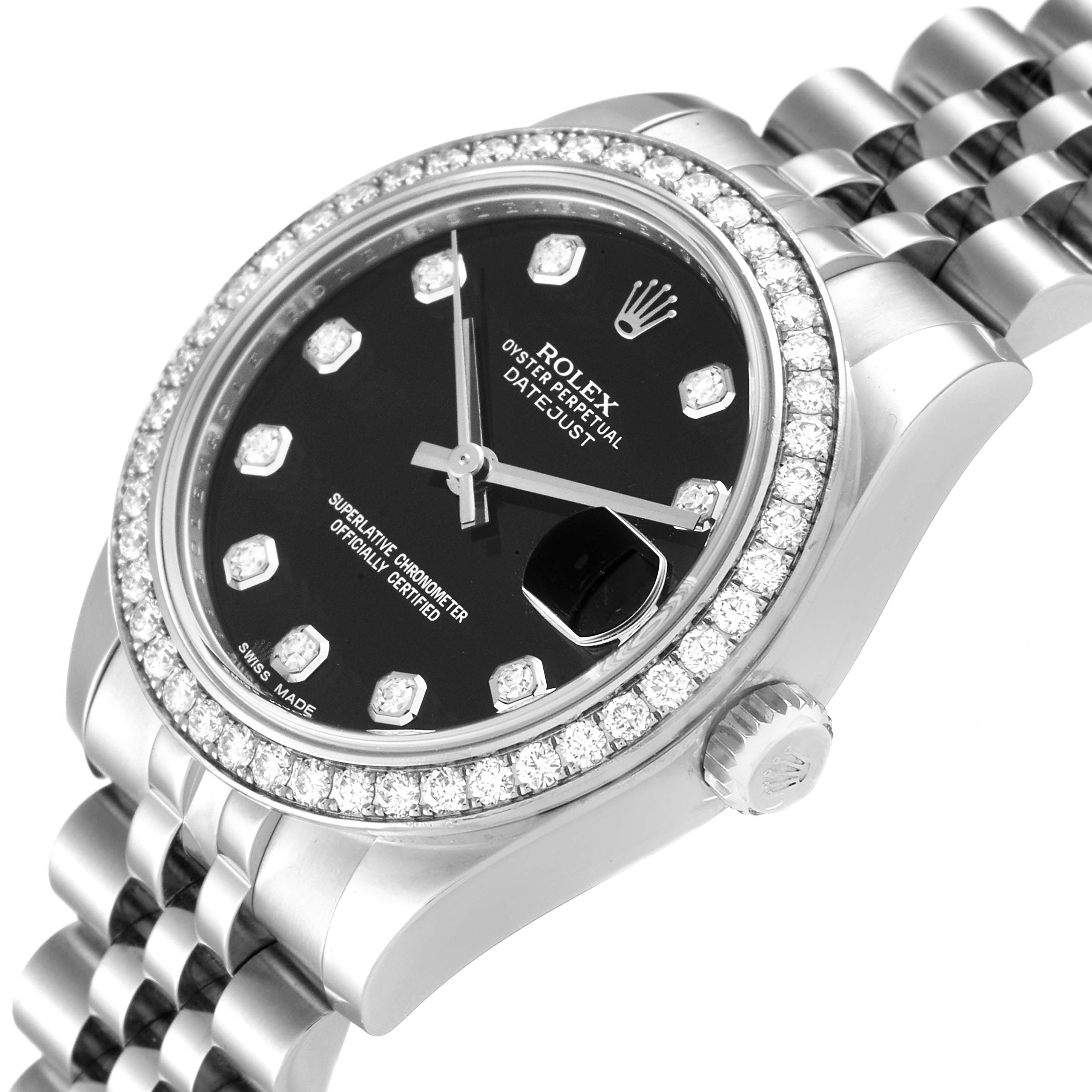 The image shows a Rolex Mid-Size 178384 Women
s Stainless Steel Black Dial 178384 Women
s Stainless Steel Black Dial Datejust watch angled to display the dial, bezel, and part of the bracelet.
