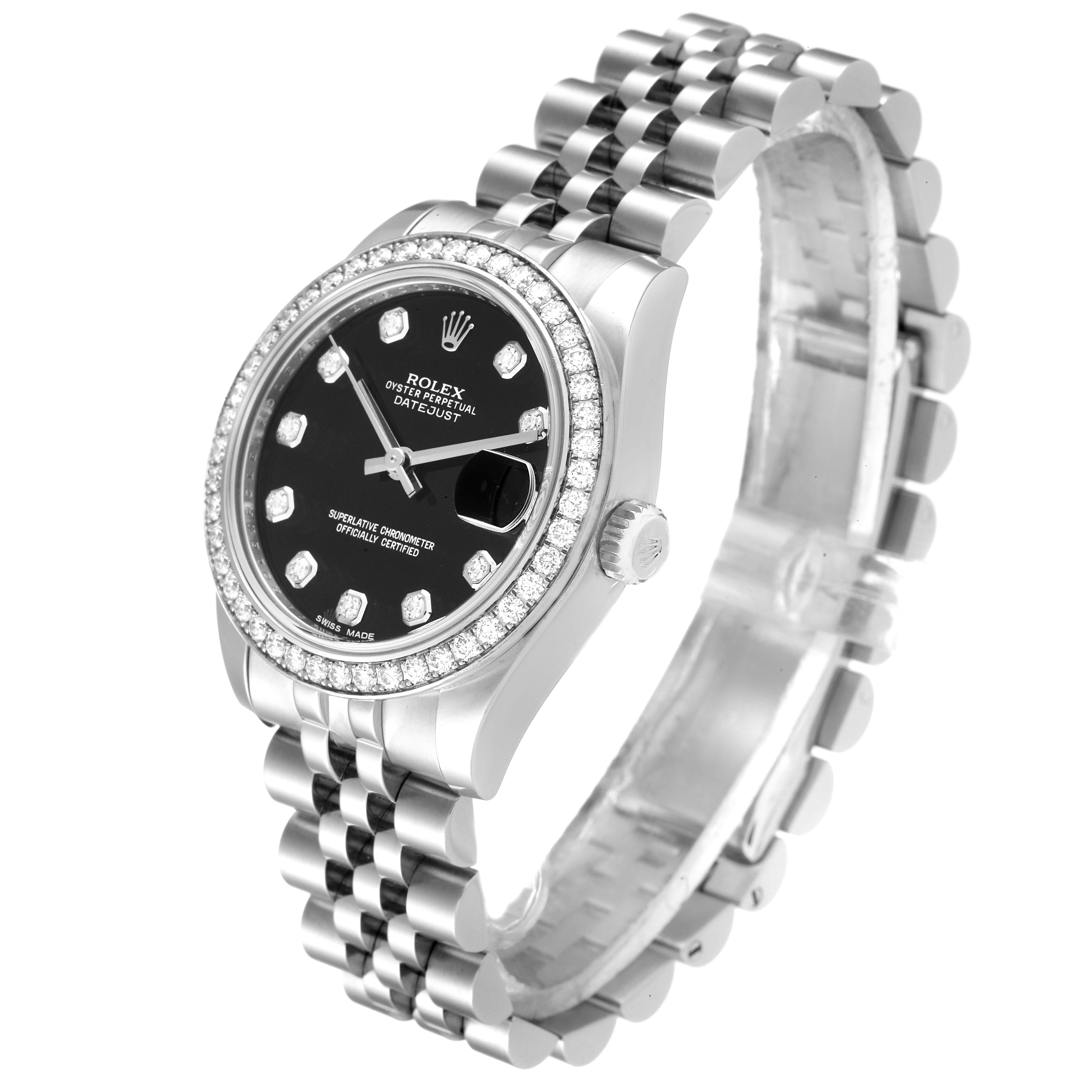 This Rolex Mid-Size 178384 Women
s Stainless Steel Black Dial 178384 Women
s Stainless Steel Black Dial Datejust model is displayed at an angled side view, showing the bezel, dial, and bracelet.