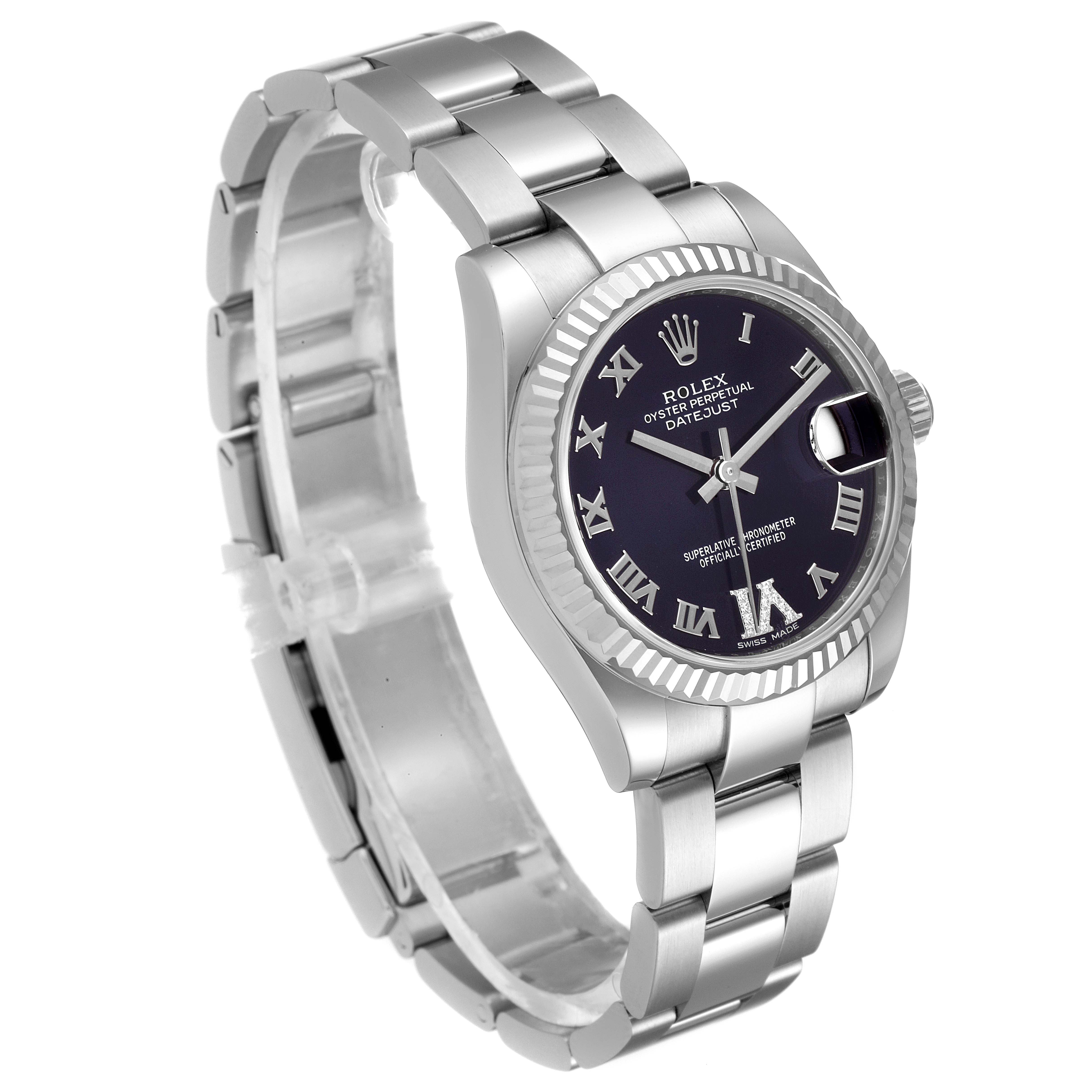 The Rolex Mid-Size 178274 Women's Stainless Steel Purple Dial 178274 Women's Stainless Steel Purple Dial Oyster Perpetual Datejust watch is shown from a three-quarter angle, highlighting the bracelet, bezel, and dial.