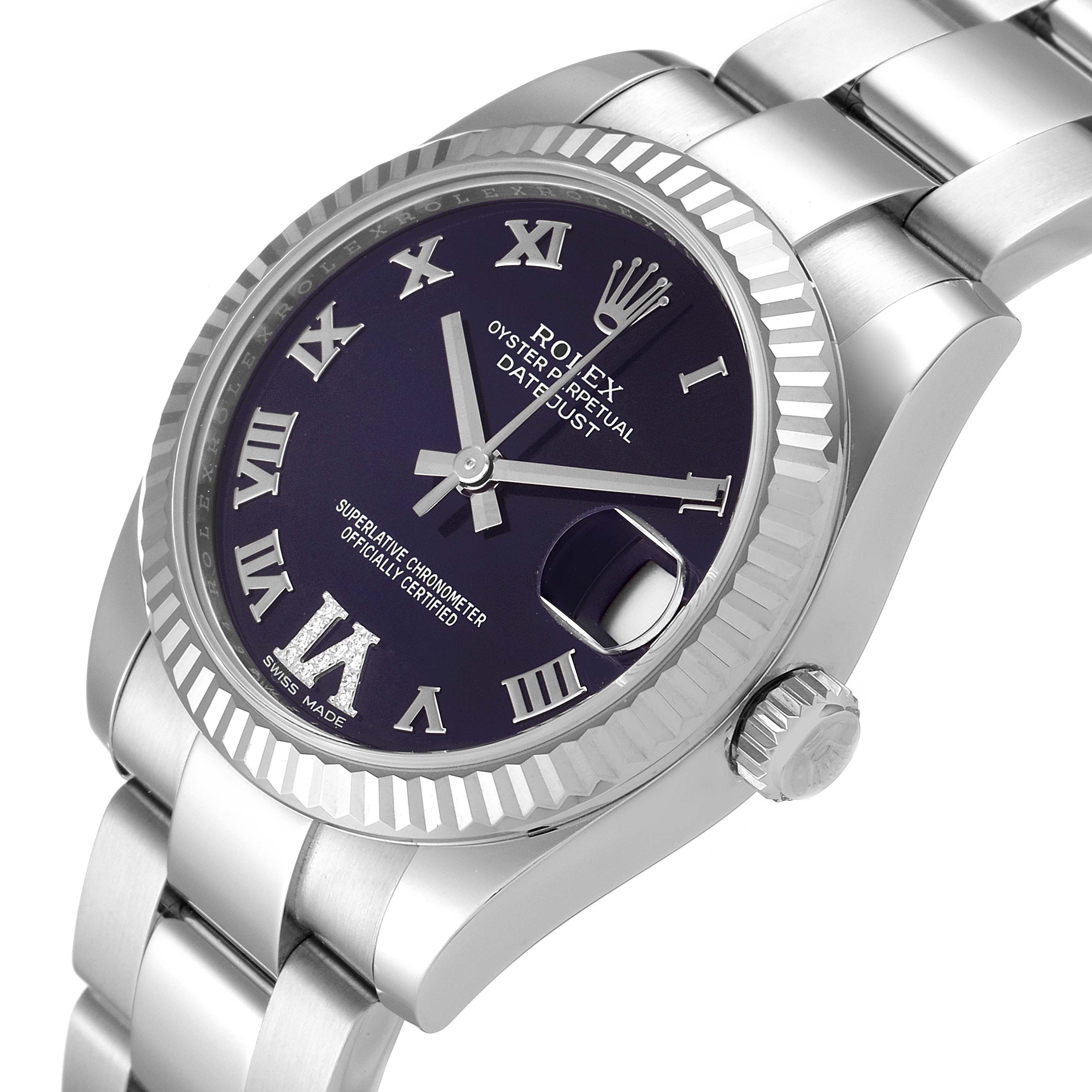 The image shows a close-up side angle of the Rolex Mid-Size 178274 Women's Stainless Steel Purple Dial 178274 Women's Stainless Steel Purple Dial Datejust watch, highlighting the dial, bezel, crown, and part of the bracelet.