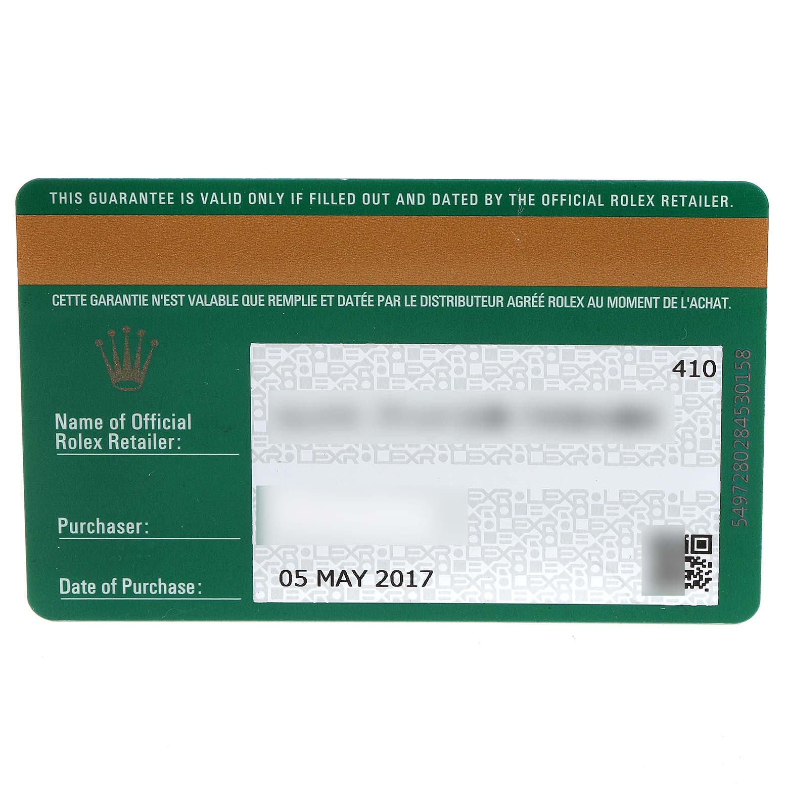 The image shows a guarantee card for the Rolex Mid-Size 178274 Women's Stainless Steel Purple Dial 178274 Women's Stainless Steel Purple Dial model, displaying retailer information, purchaser details, and date of purchase.