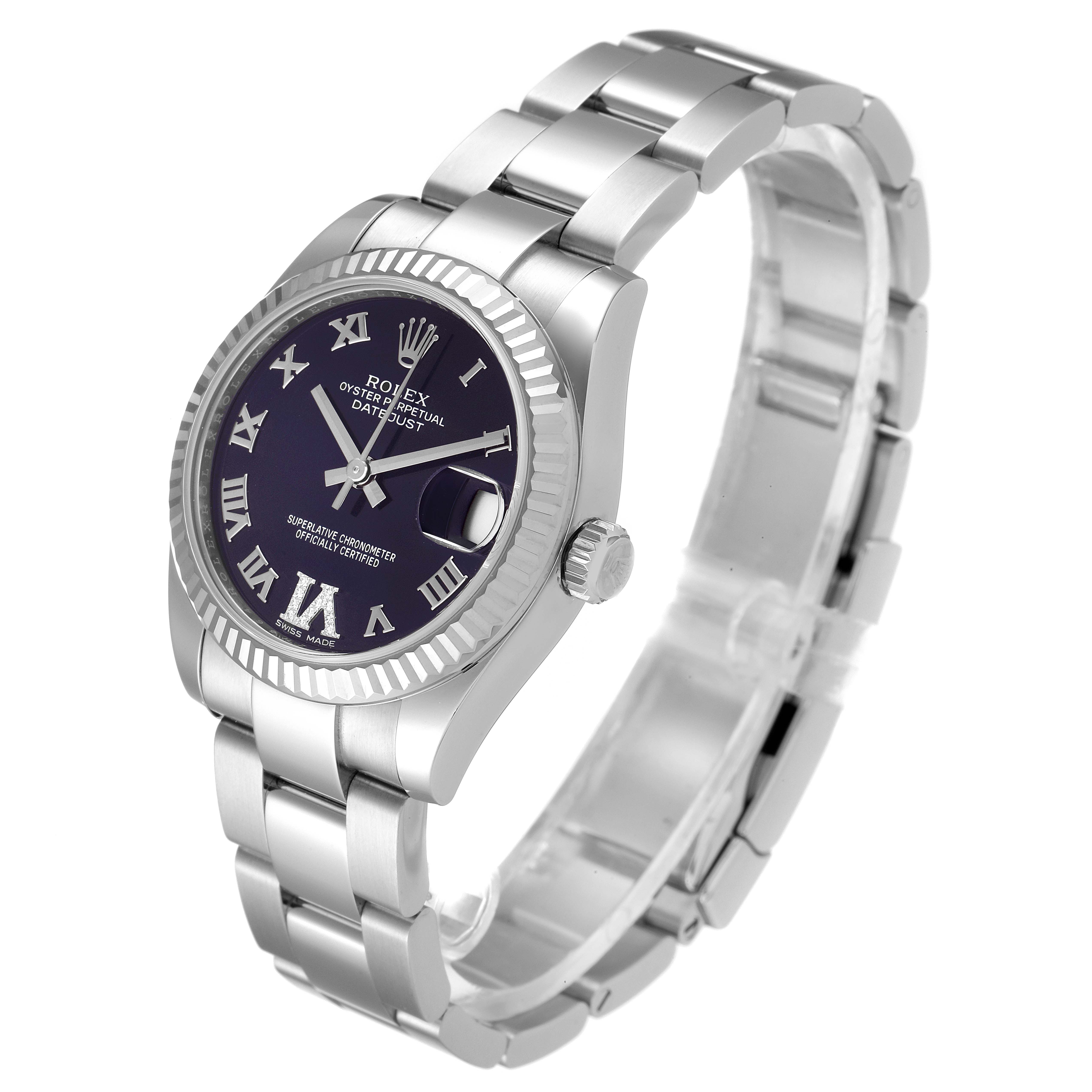 Shown at a three-quarter angle, this Rolex Mid-Size 178274 Women's Stainless Steel Purple Dial 178274 Women's Stainless Steel Purple Dial model displays its face, bezel, bracelet, and clasp.