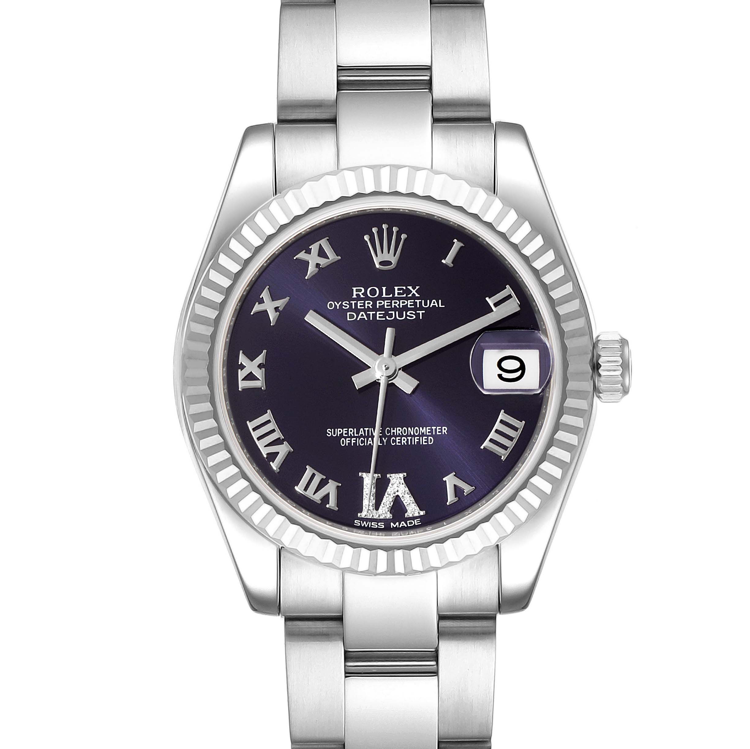 This is a front view of the Rolex Mid-Size 178274 Women's Stainless Steel Purple Dial 178274 Women's Stainless Steel Purple Dial Datejust watch, showing the dial, bezel, and bracelet.