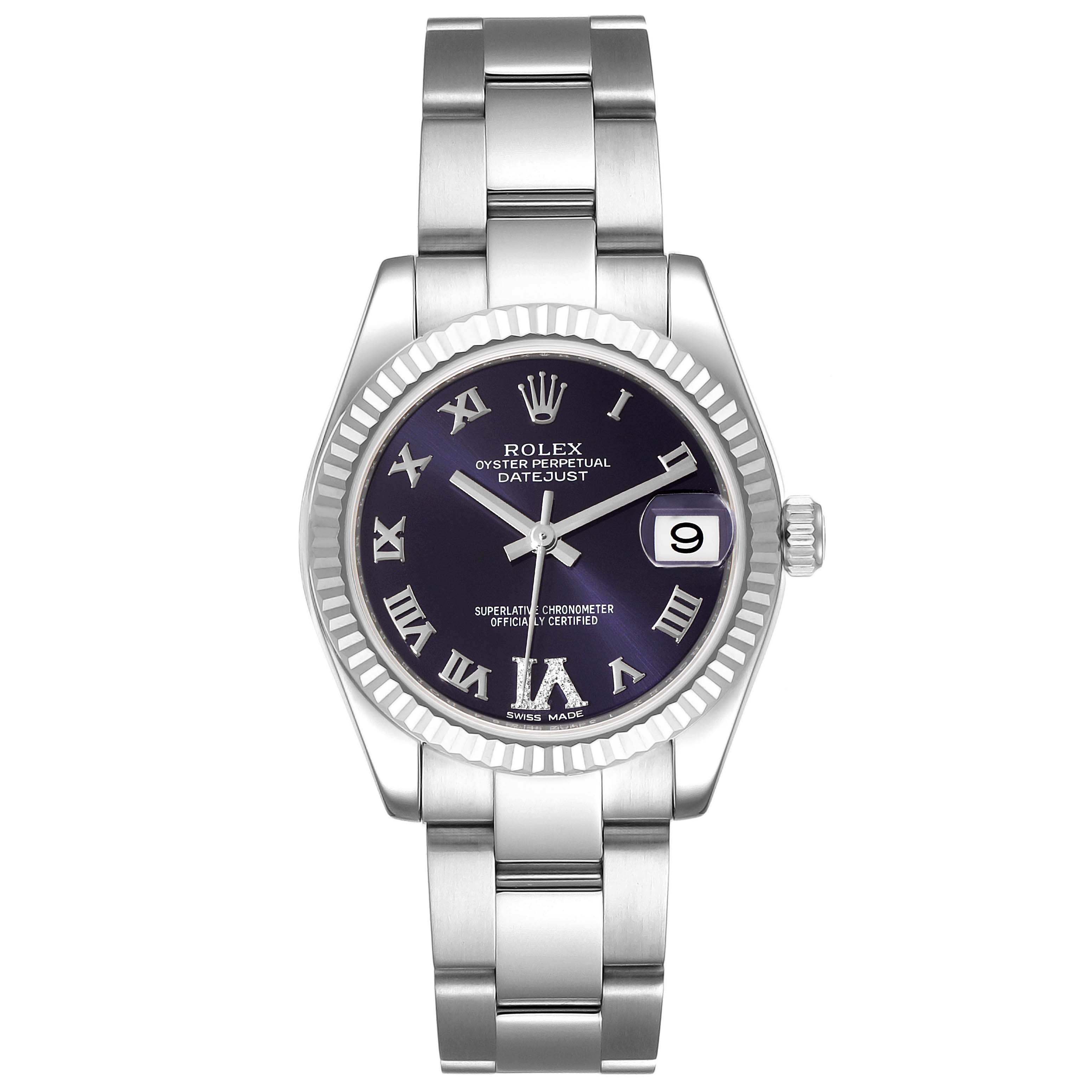 The image shows a front view of a Rolex Mid-Size 178274 Women's Stainless Steel Purple Dial 178274 Women's Stainless Steel Purple Dial Datejust watch, focusing on the dial, case, and bracelet.