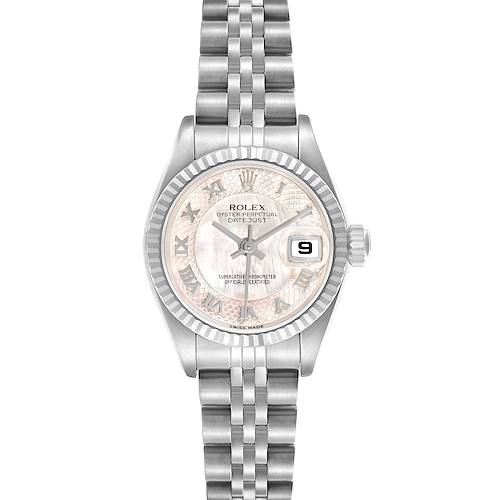 The image shows a Rolex Datejust 79174 Women's Stainless Steel Mother of Pearl Dial watch from a top-down angle, highlighting the dial, bezel, and bracelet.