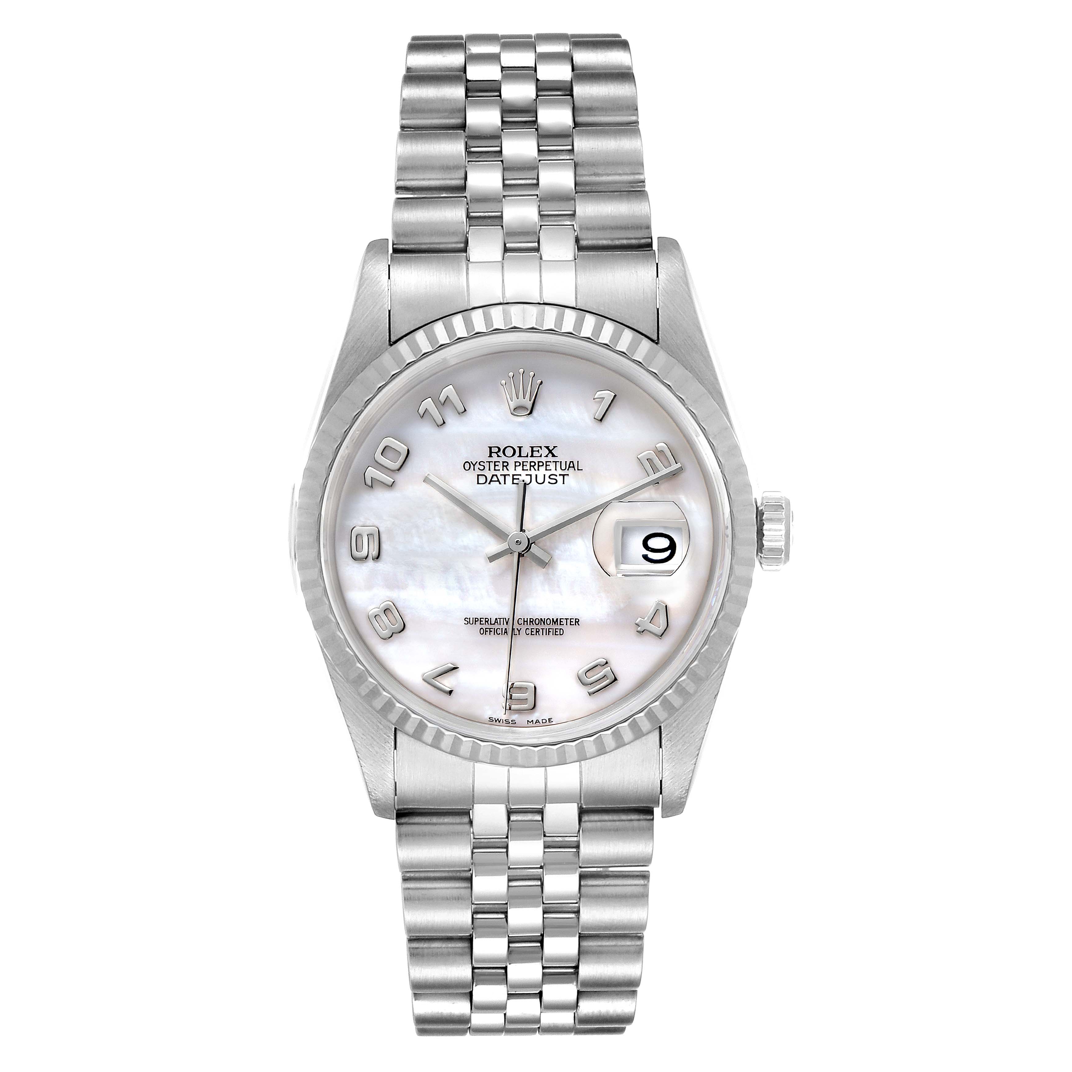 This image shows a front view of a Rolex Datejust 16234 Men's Stainless Steel Mother of Pearl Dial 16234 Men's Stainless Steel Mother of Pearl Dial watch, highlighting the dial, hands, bracelet, and date display.