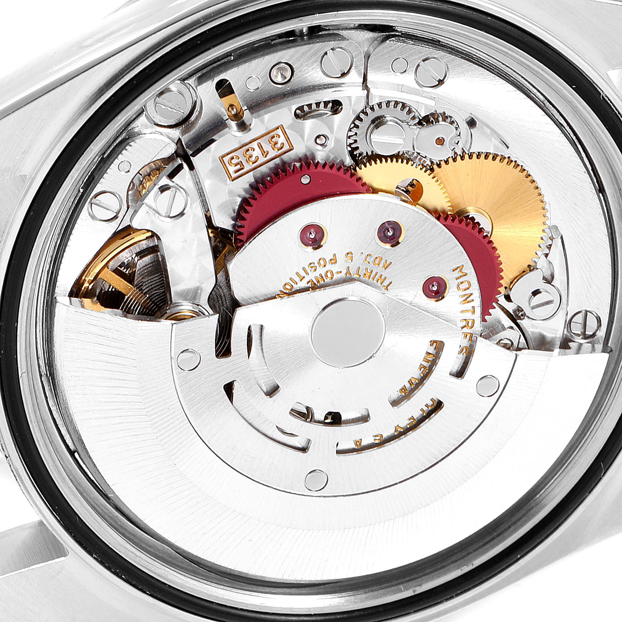 This image shows the intricate movement mechanism of the Rolex Datejust 16234 Men's Stainless Steel Mother of Pearl Dial 16234 Men's Stainless Steel Mother of Pearl Dial watch from a rear angle, highlighting gears and components.