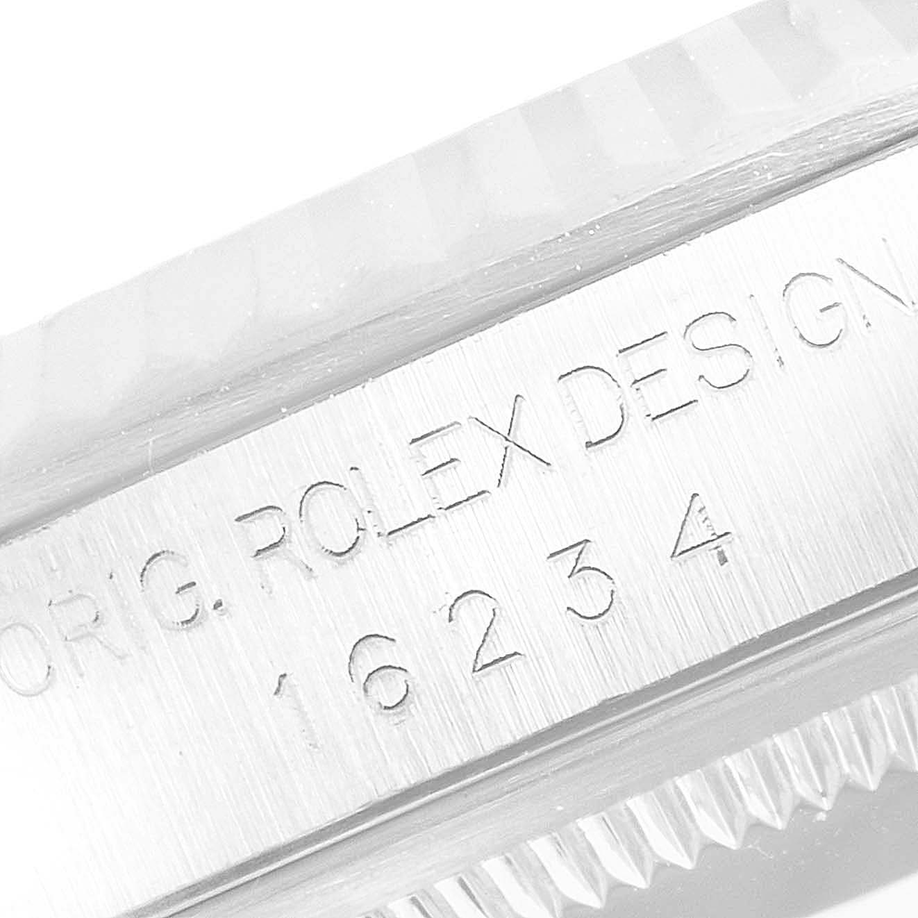 This image shows a close-up of the case side detailing, and model number of a Rolex Datejust 16234 Men's Stainless Steel Mother of Pearl Dial 16234 Men's Stainless Steel Mother of Pearl Dial watch.