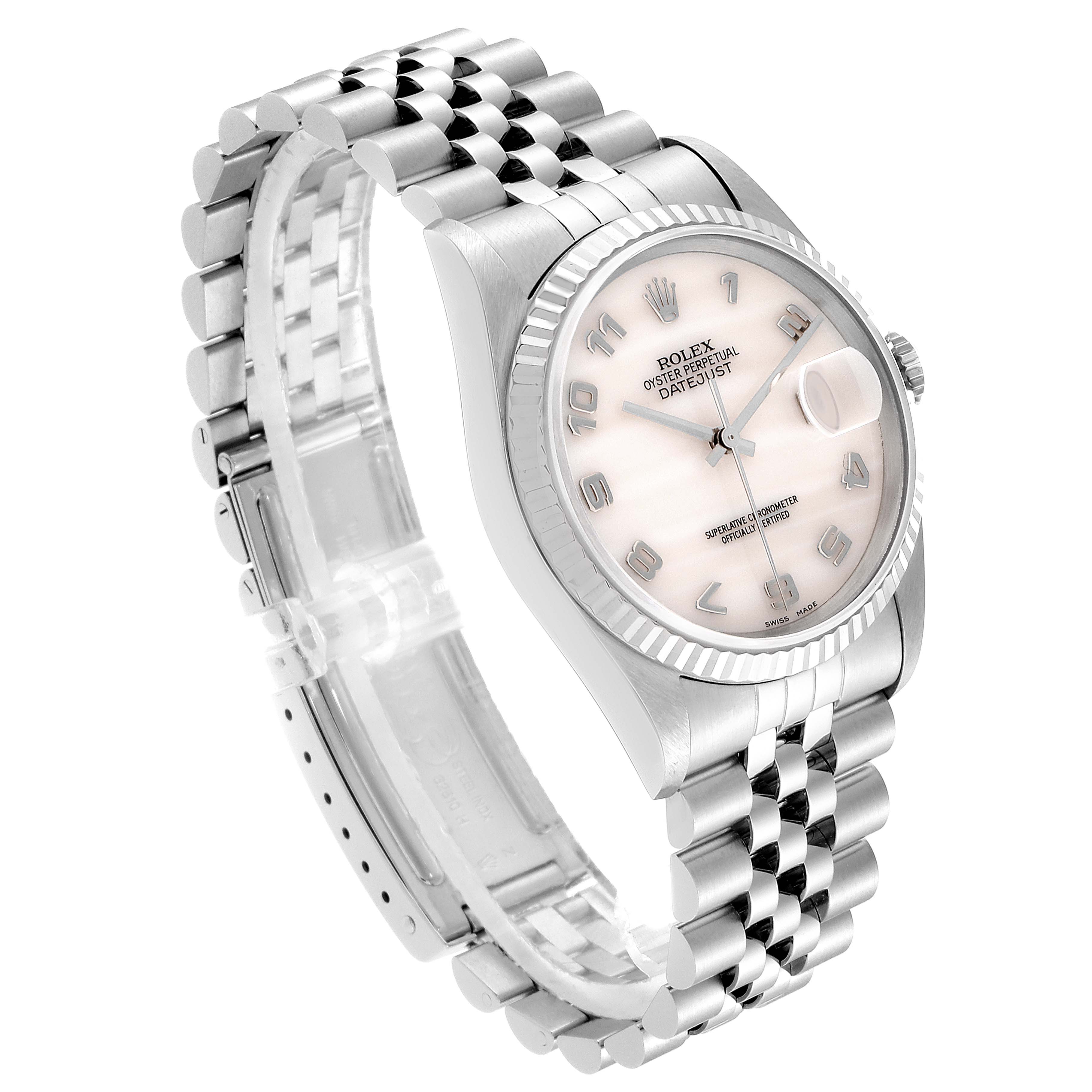 The image shows a Rolex Datejust 16234 Men's Stainless Steel Mother of Pearl Dial 16234 Men's Stainless Steel Mother of Pearl Dial watch at a side angle, highlighting its bezel, dial, crown, and stainless steel bracelet.