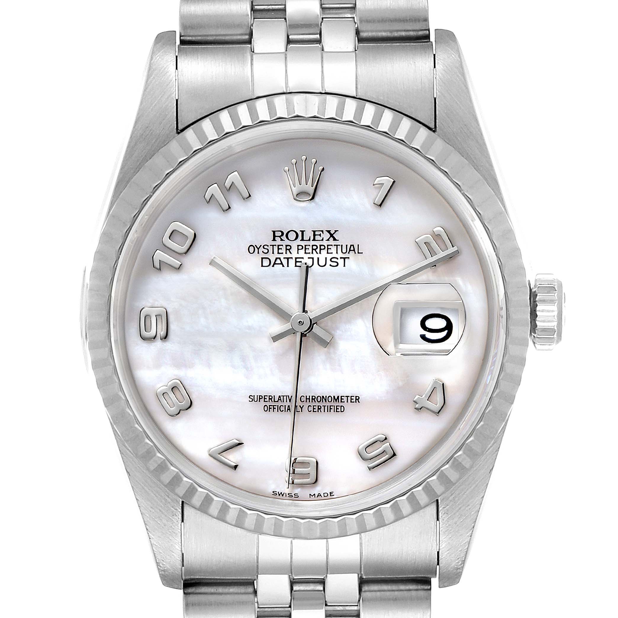 The image shows a front view of a Rolex Datejust 16234 Men's Stainless Steel Mother of Pearl Dial 16234 Men's Stainless Steel Mother of Pearl Dial watch, displaying its dial, bezel, and bracelet.