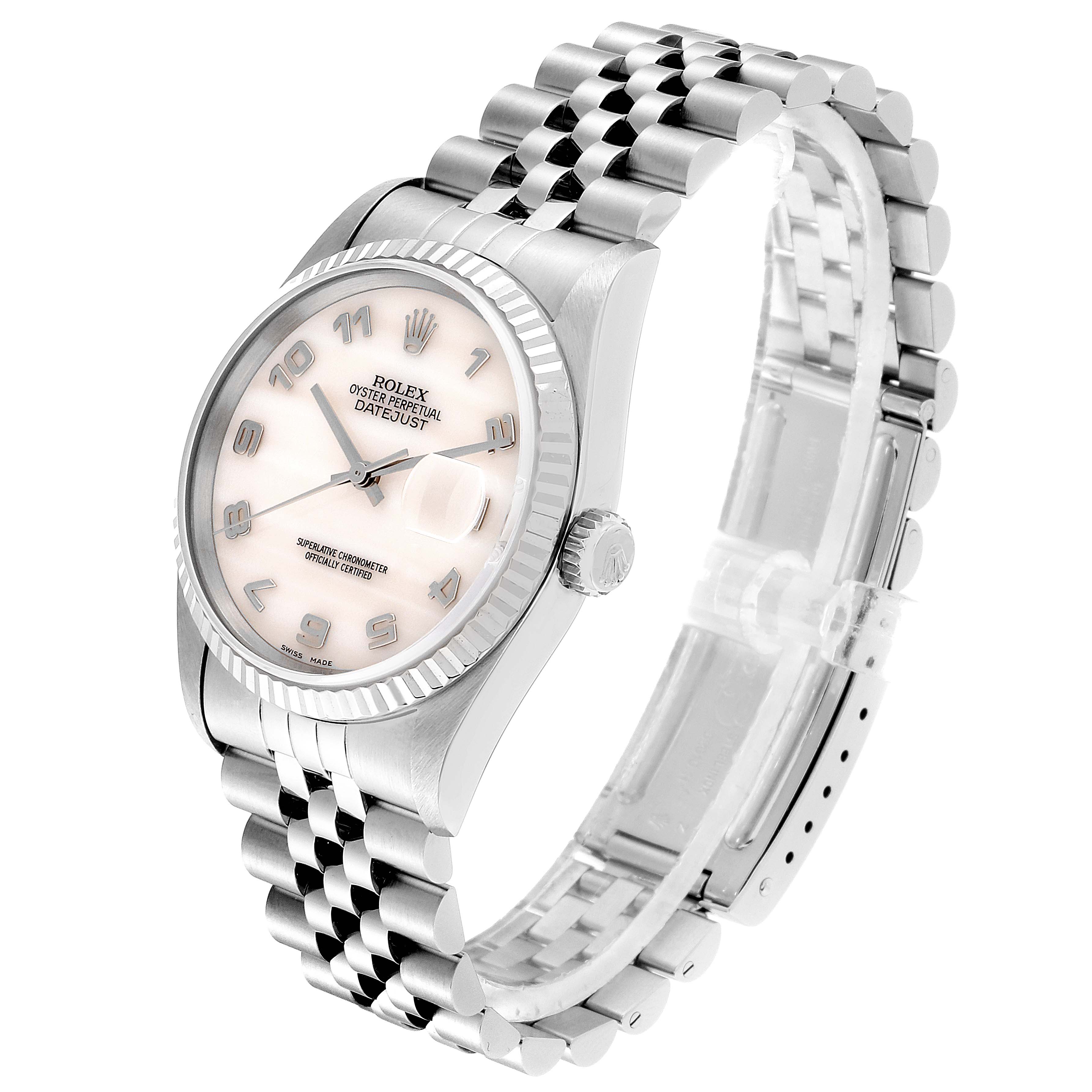 The image shows a Rolex Datejust 16234 Men's Stainless Steel Mother of Pearl Dial 16234 Men's Stainless Steel Mother of Pearl Dial watch at a three-quarter angle, highlighting its dial, bezel, crown, and Jubilee bracelet.