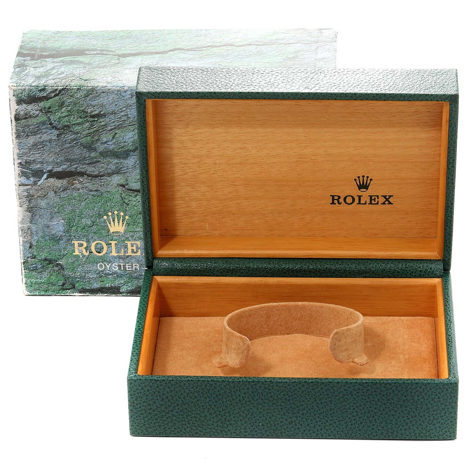 This image shows an open green Rolex box and external packaging for the Rolex Datejust 16234 Men's Stainless Steel Mother of Pearl Dial 16234 Men's Stainless Steel Mother of Pearl Dial model, revealing its wooden interior.