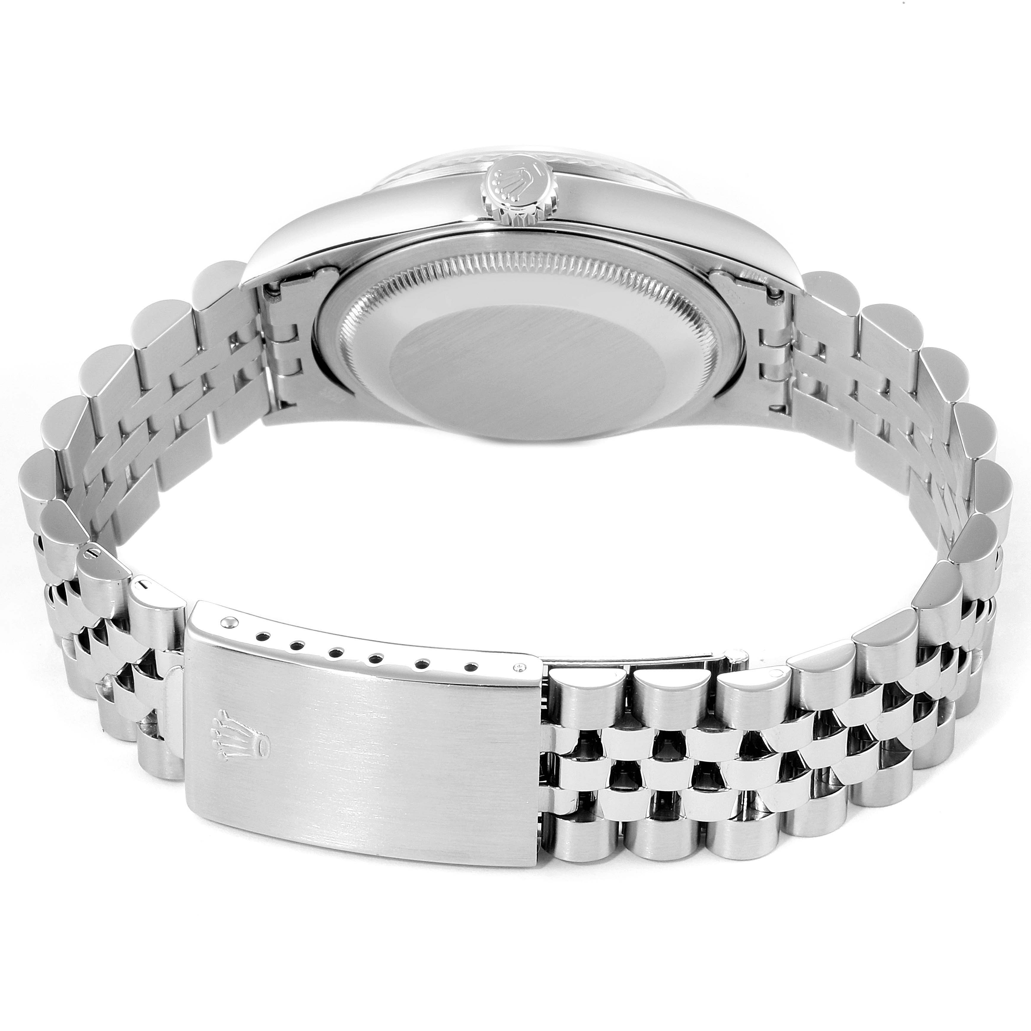 The image shows the back view of a Rolex Datejust 16234 Men's Stainless Steel Mother of Pearl Dial 16234 Men's Stainless Steel Mother of Pearl Dial watch, highlighting the case back and the Jubilee bracelet with the clasp visible.