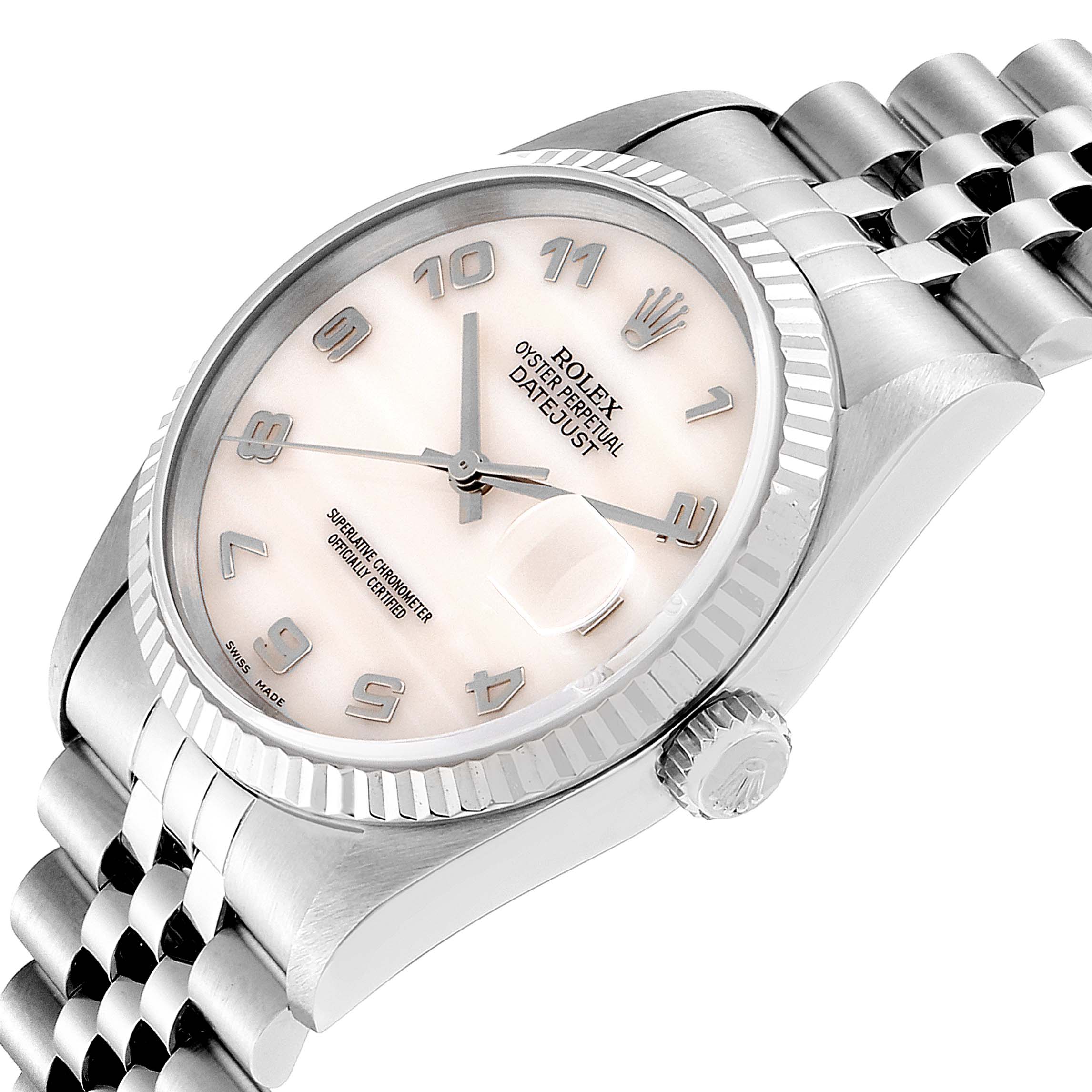 This Rolex Datejust 16234 Men's Stainless Steel Mother of Pearl Dial 16234 Men's Stainless Steel Mother of Pearl Dial watch is shown at an oblique angle highlighting its dial, case, crown, and bracelet.