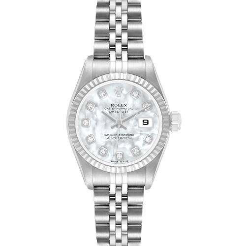 The Rolex Datejust 79174 Women's Stainless Steel Mother of Pearl Dial watch is shown from a top-down angle, displaying the dial, bezel, crown, and part of the bracelet.