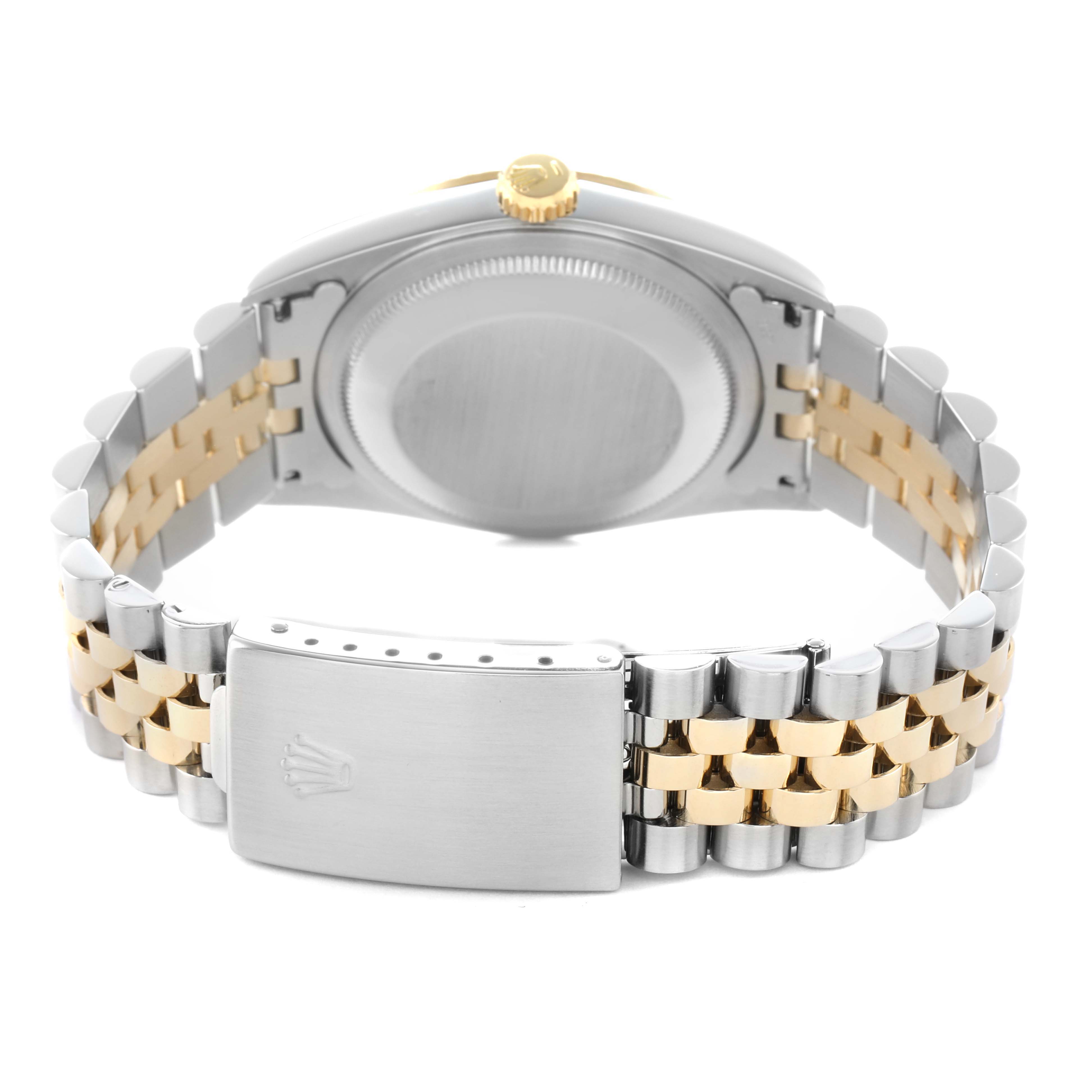 The image shows a Rolex Datejust 16233 Men's Steel and Gold (two tone) Champagne Dial watch from the back, highlighting the case, crown, bracelet, and clasp.