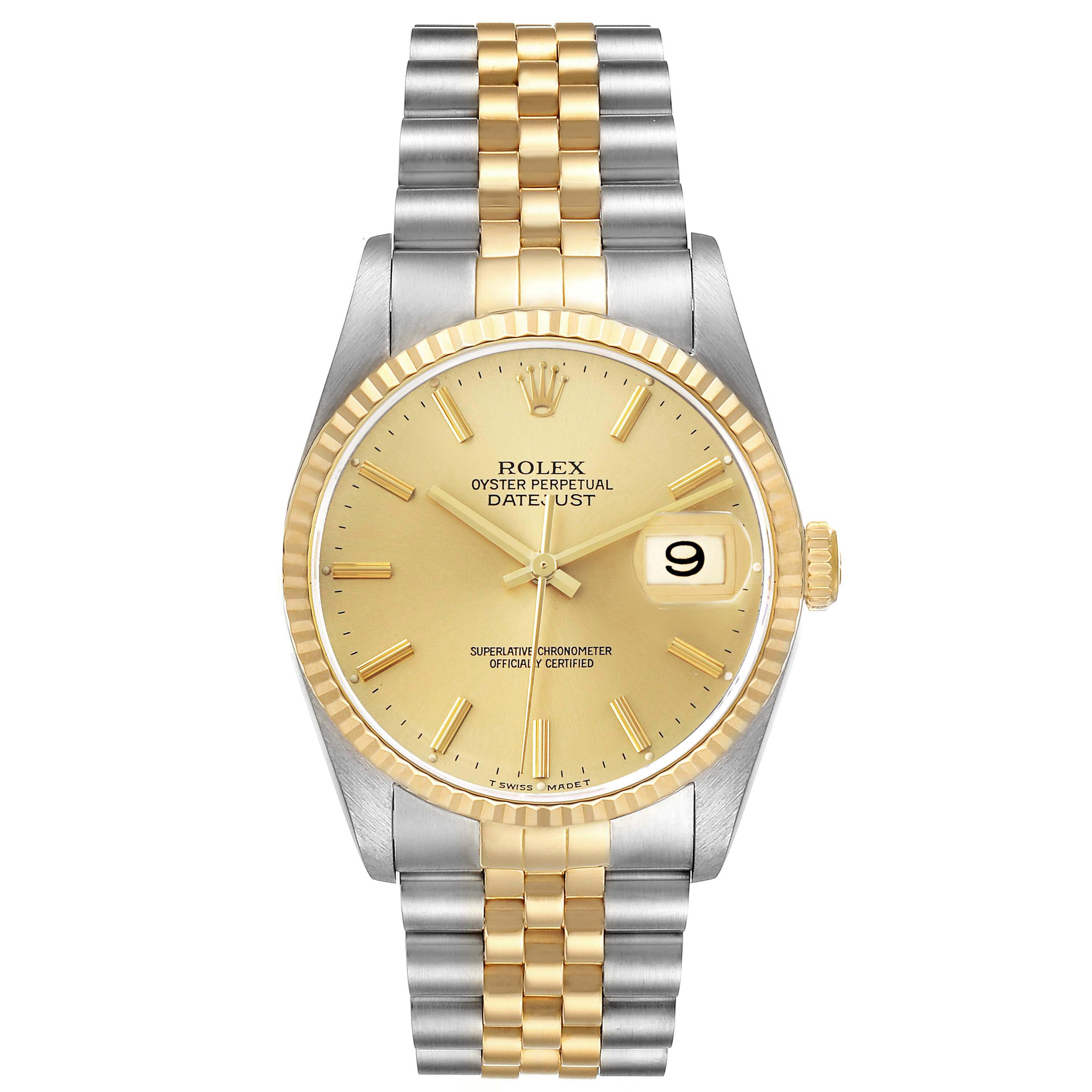 The Rolex Datejust 16233 Men's Steel and Gold (two tone) Champagne Dial watch is shown from the front, featuring its gold dial, date window, fluted bezel, and two-tone bracelet.